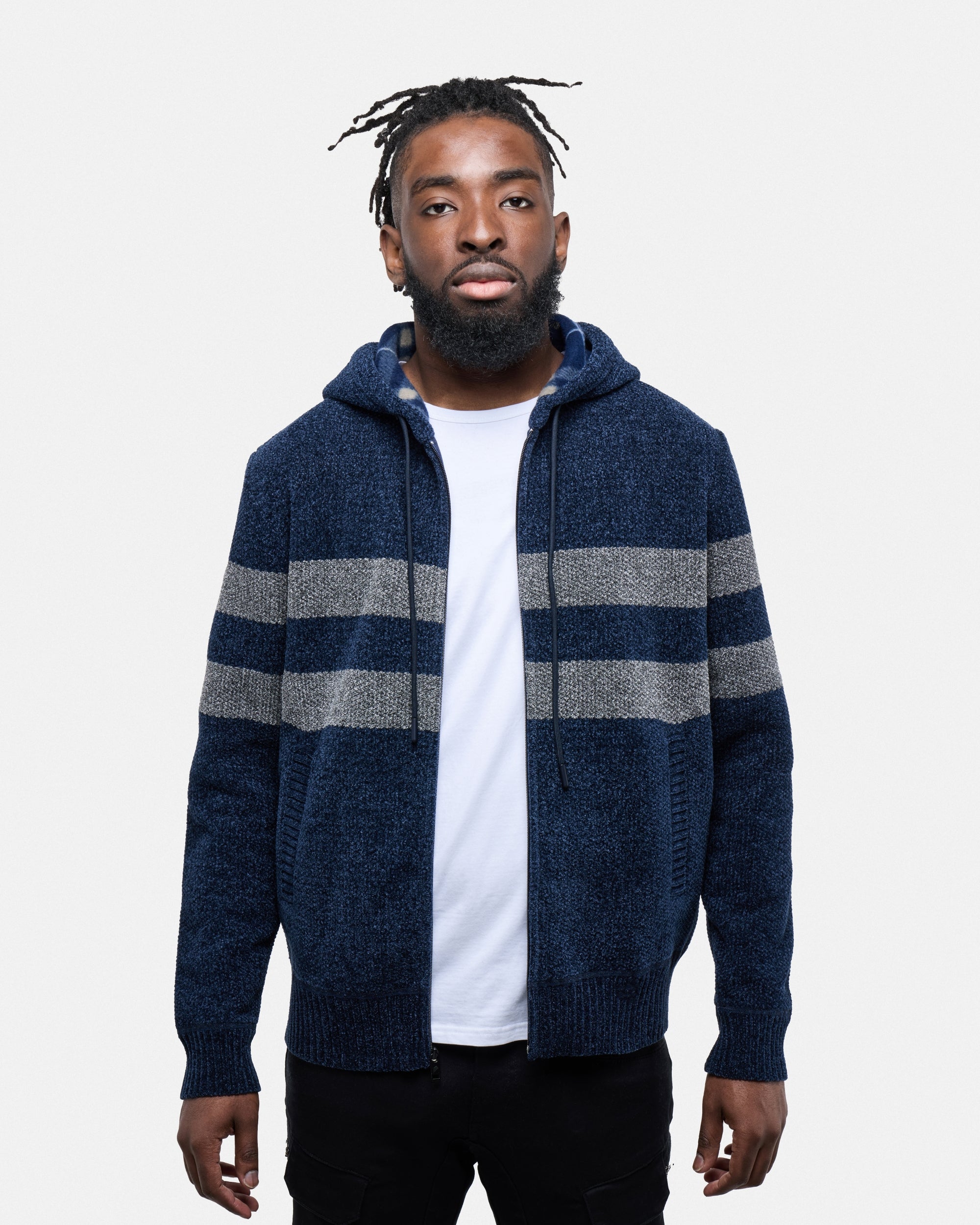 #CMW-34095 Full Zip Chest Stripe Hoodie Sweater