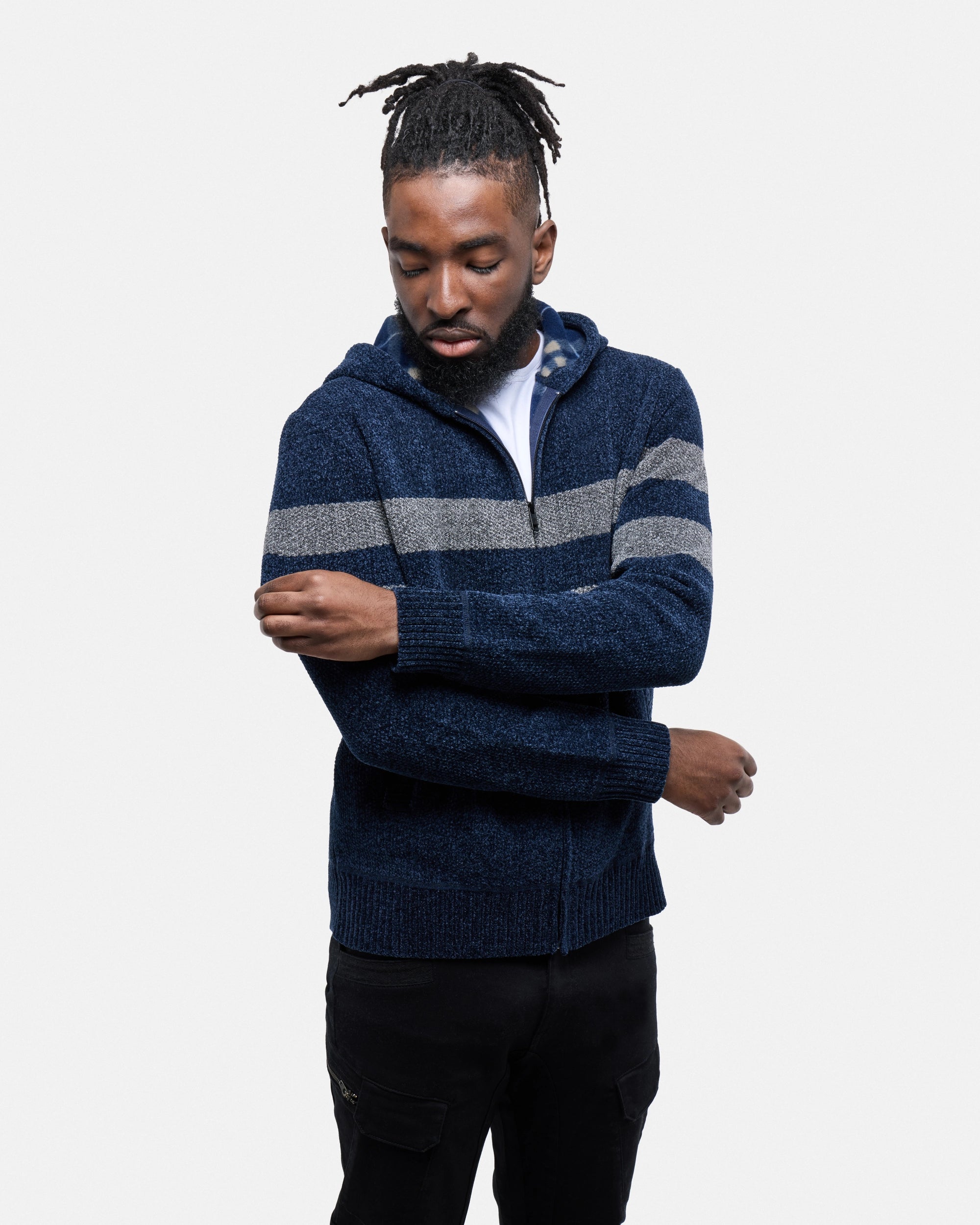 #CMW-34095 Full Zip Chest Stripe Hoodie Sweater-thumbmail-20