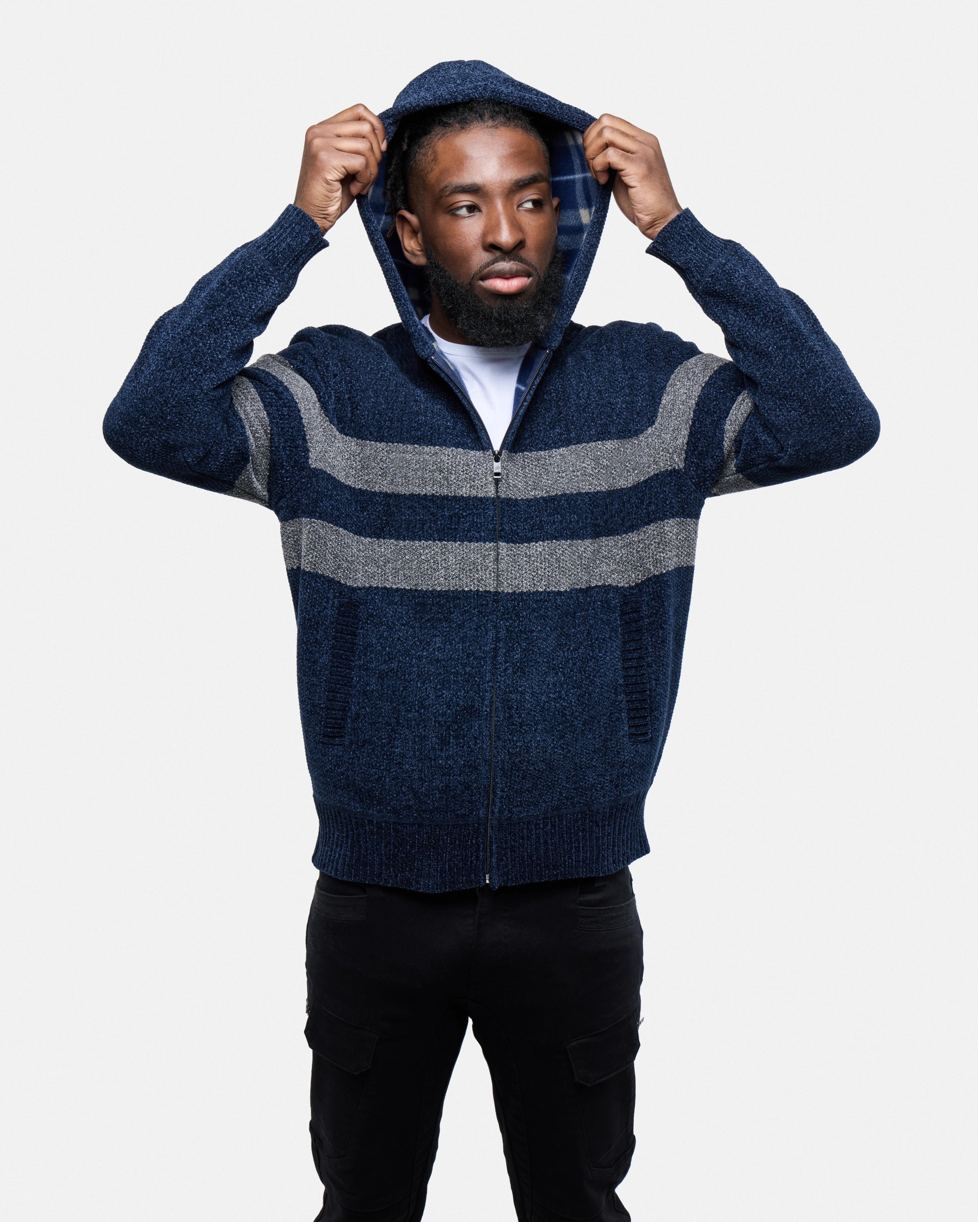 #CMW-34095 Full Zip Chest Stripe Hoodie Sweater-thumbmail-23