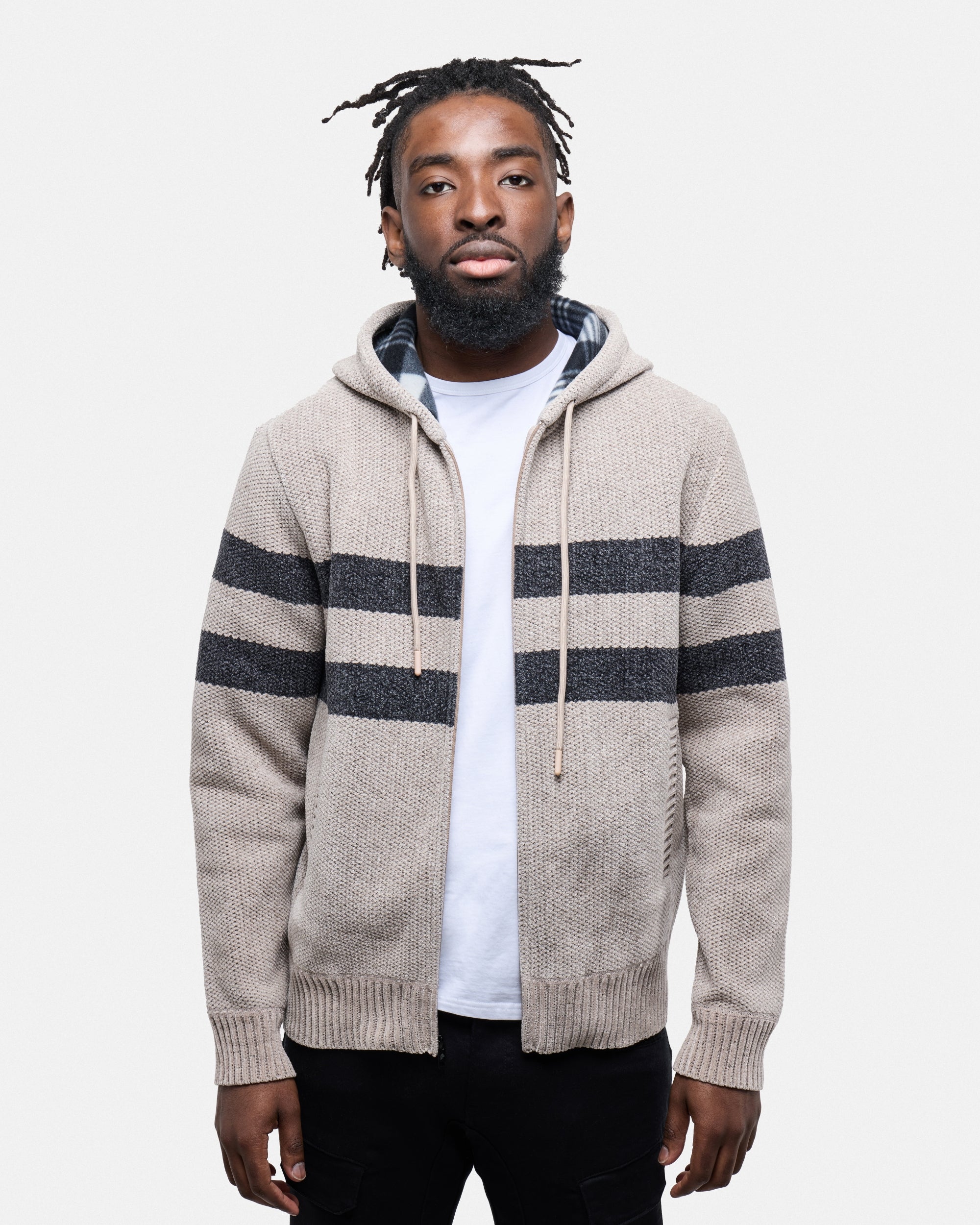 #CMW-34095 Full Zip Chest Stripe Hoodie Sweater