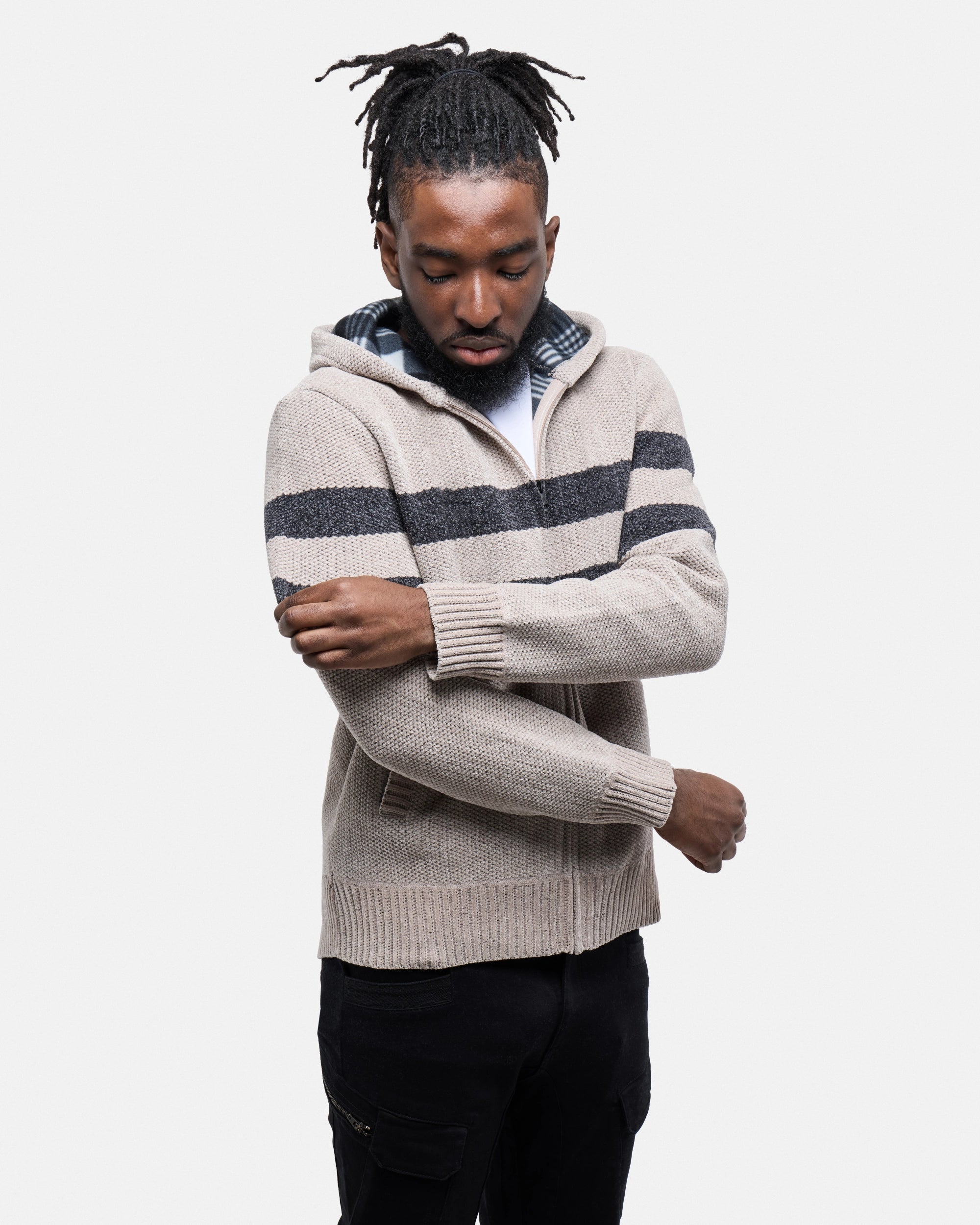 #CMW-34095 Full Zip Chest Stripe Hoodie Sweater-thumbmail-30