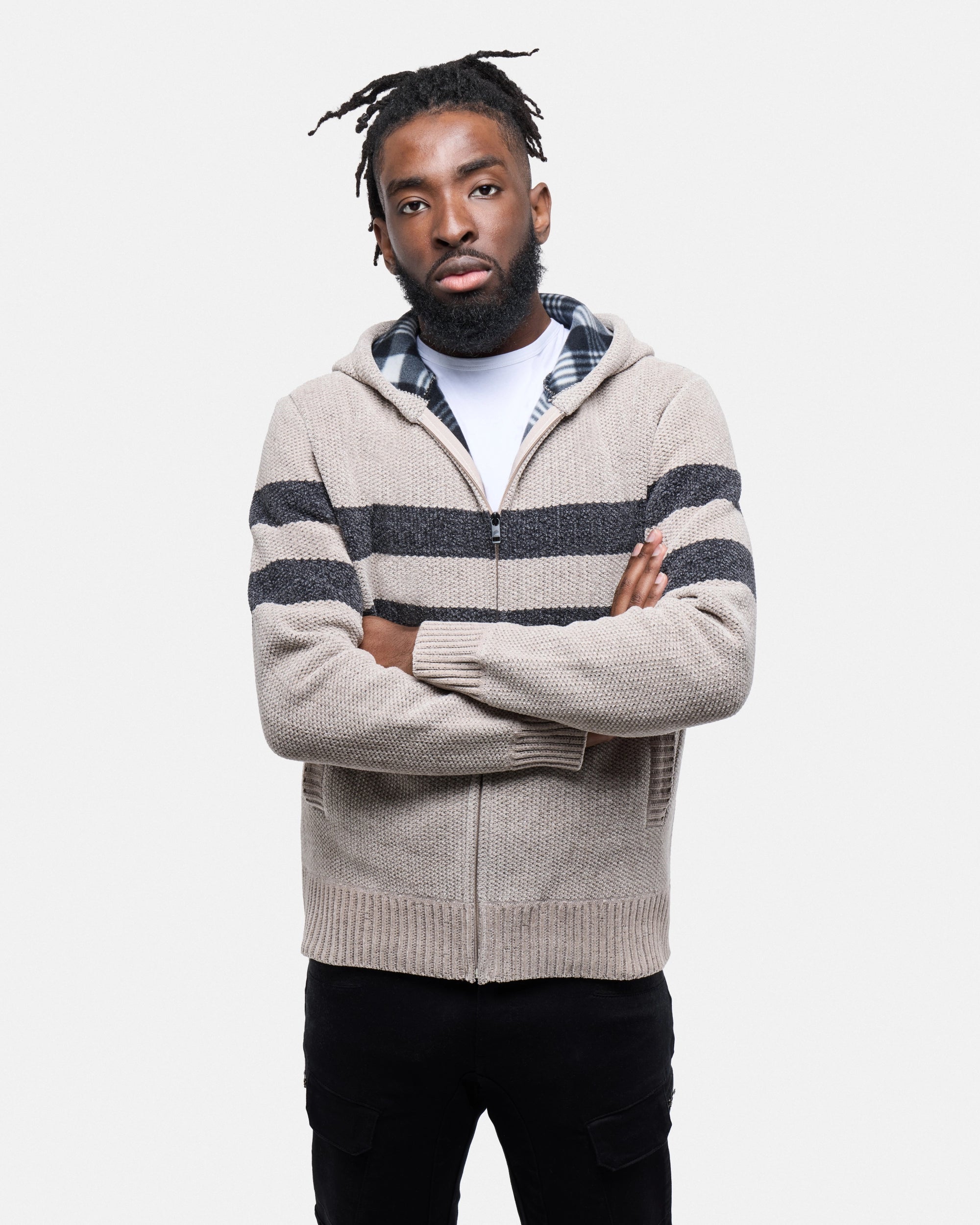 #CMW-34095 Full Zip Chest Stripe Hoodie Sweater-thumbmail-31