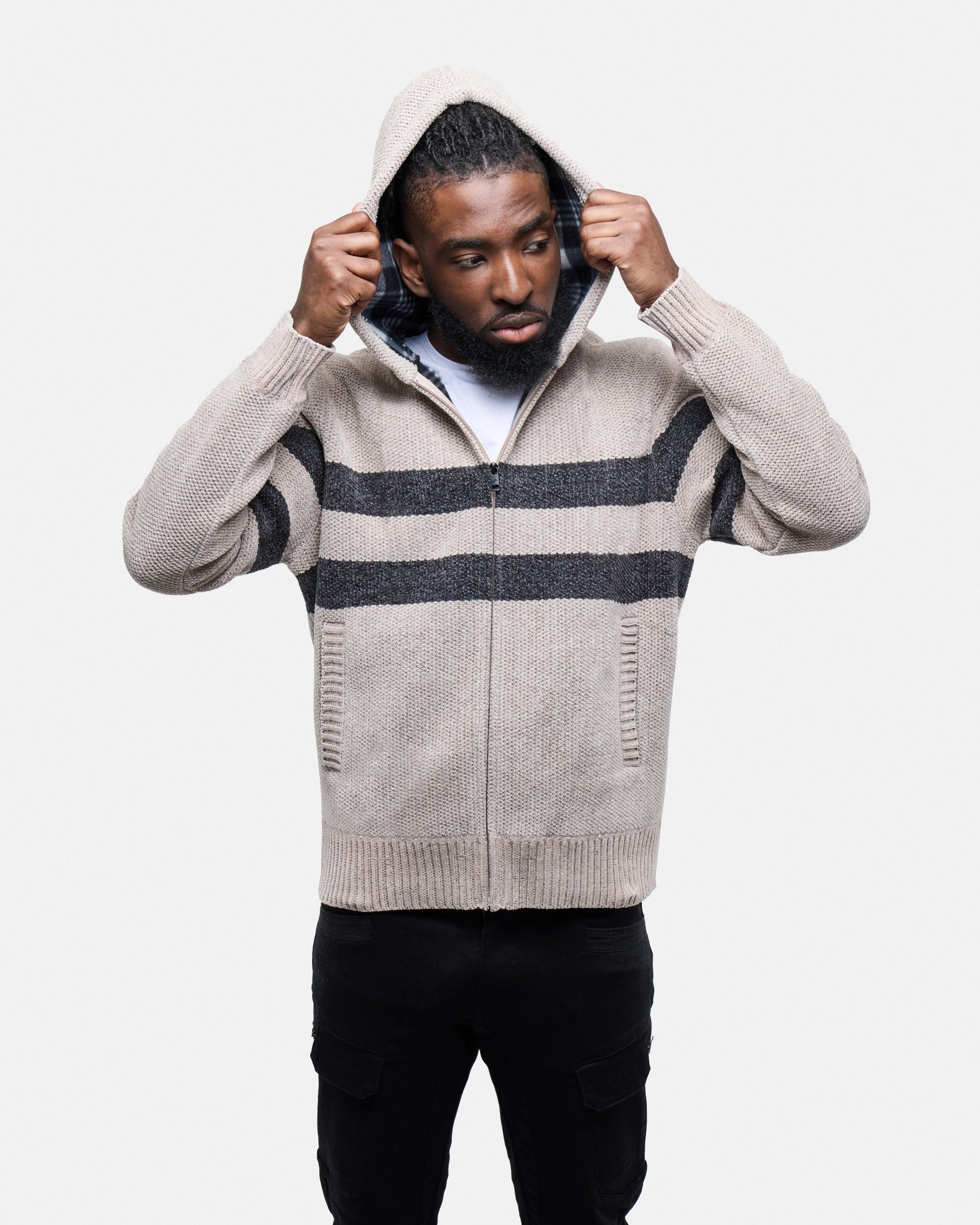 #CMW-34095 Full Zip Chest Stripe Hoodie Sweater-thumbmail-33