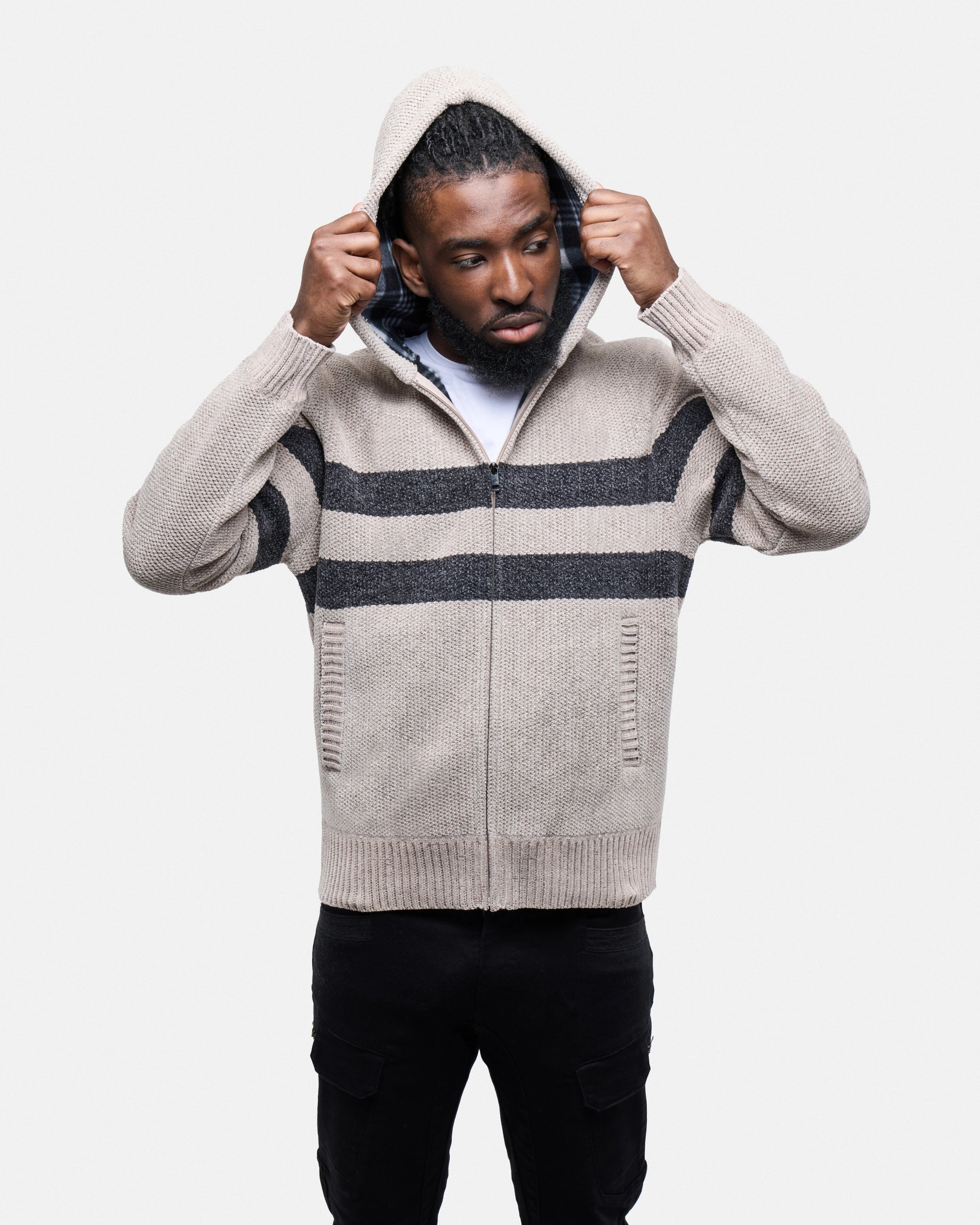 #CMW-34095 Full Zip Chest Stripe Hoodie Sweater-thumbmail-33