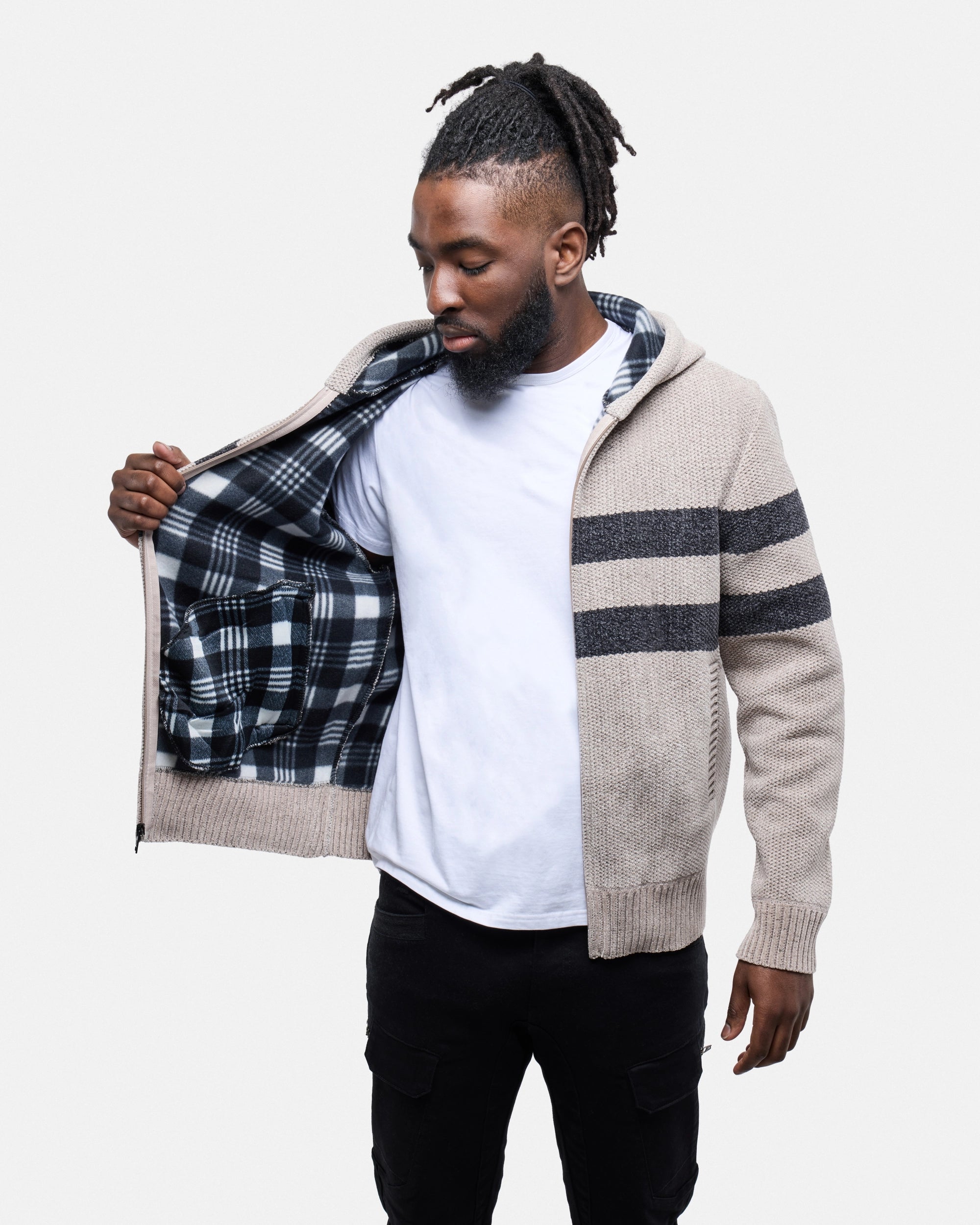 #CMW-34095 Full Zip Chest Stripe Hoodie Sweater-thumbmail-32