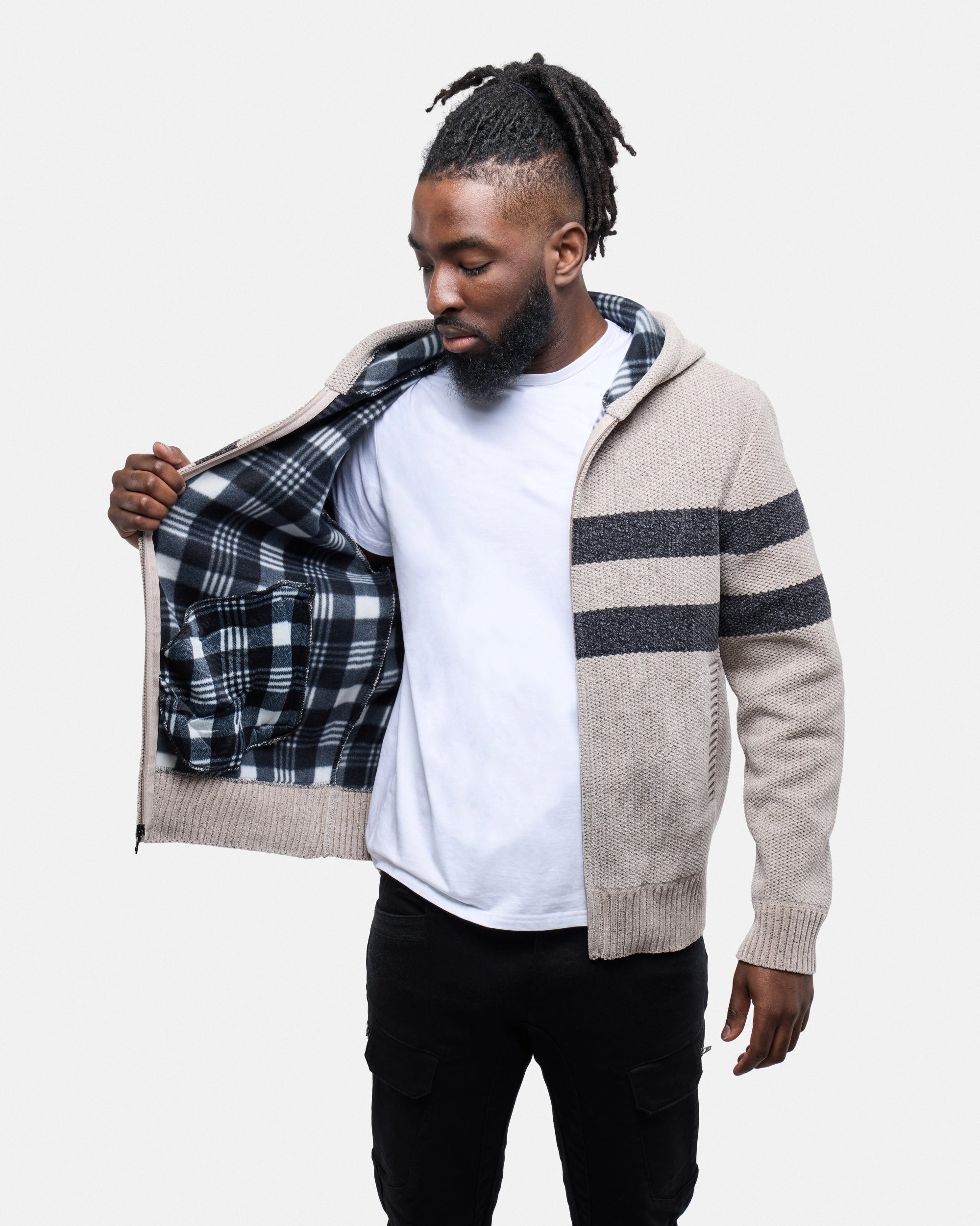 #CMW-34095 Full Zip Chest Stripe Hoodie Sweater-thumbmail-32