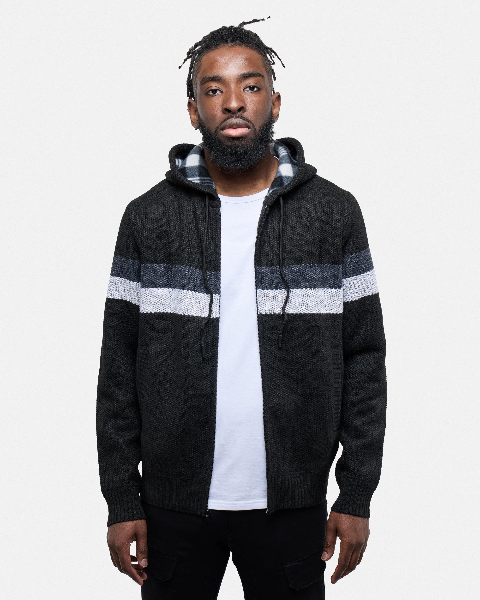 Hooded Fleece Lined Full Zip Sweater With Stripes