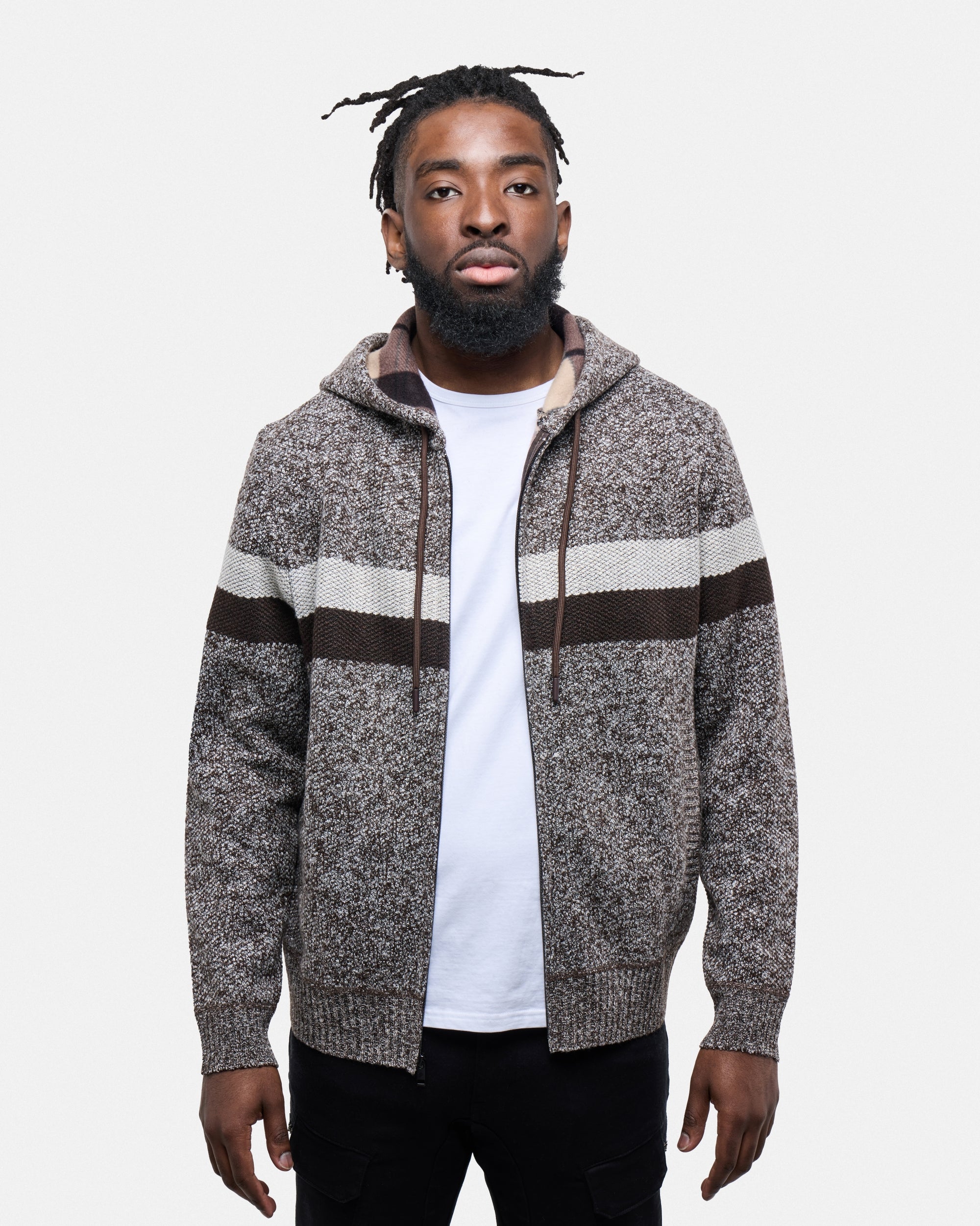 Hooded Fleece Lined Full Zip Sweater With Stripes