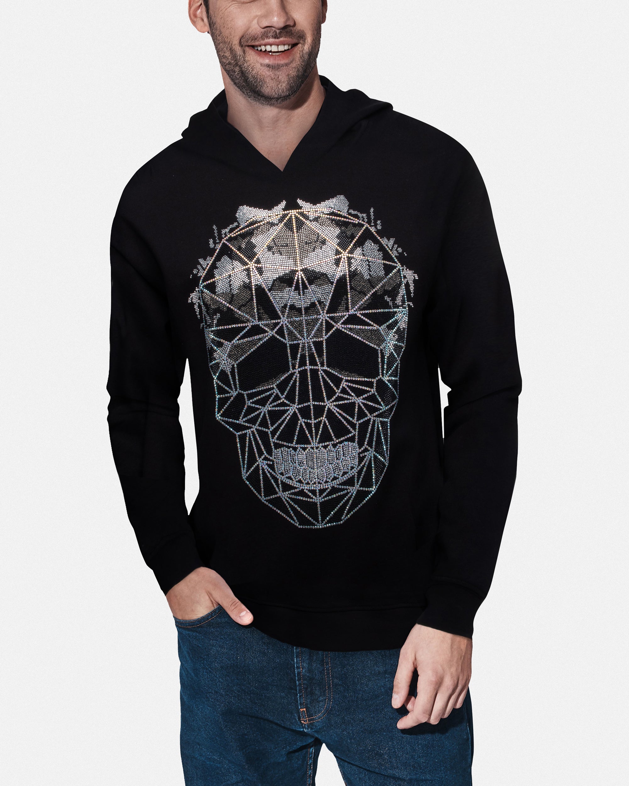 Heads or Tails Men's Bling Rhinestone Geometric 3D Skull Midweight Pullover Hoodie