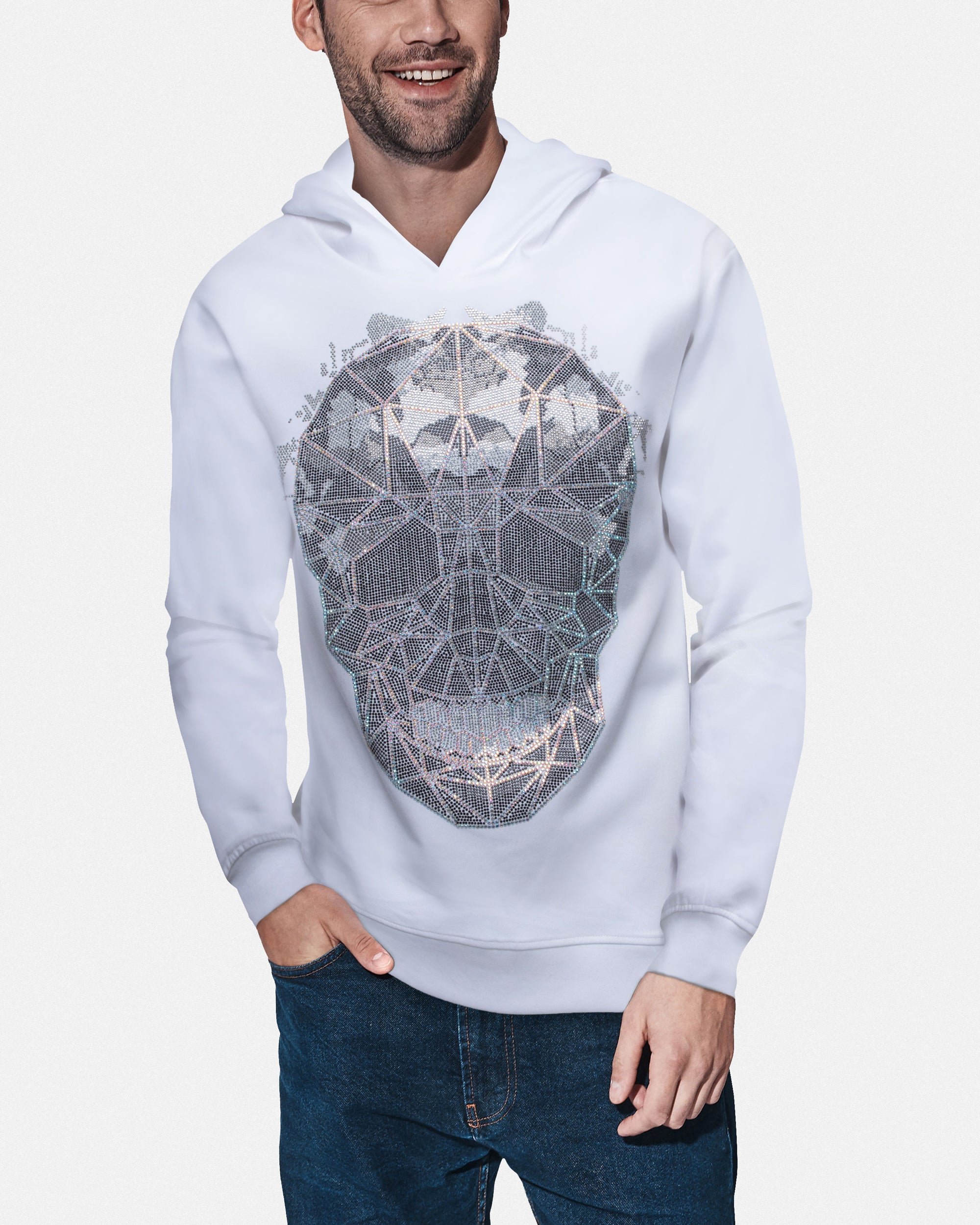 Heads or Tails Men's Bling Rhinestone Geometric 3D Skull Midweight Pullover Hoodie