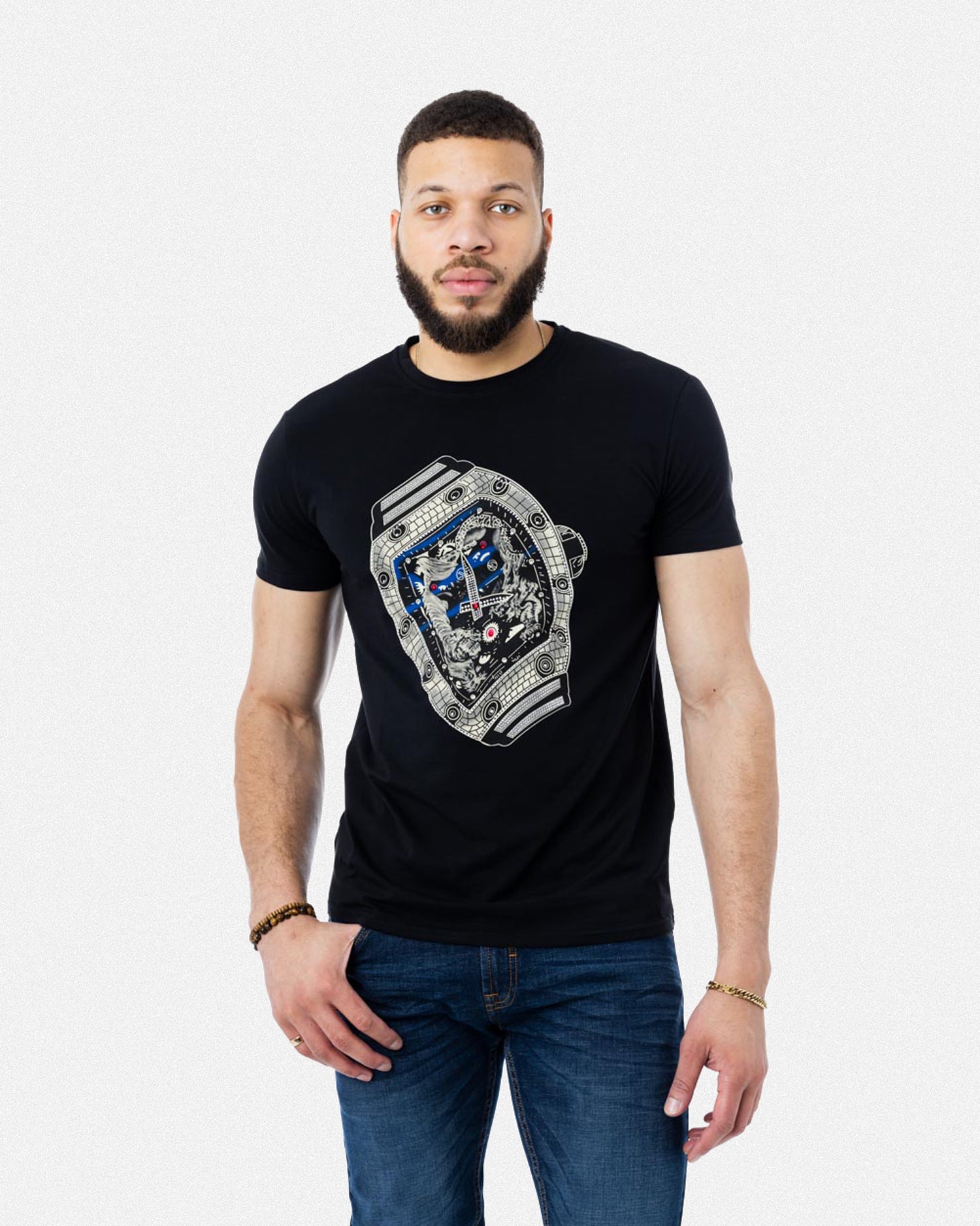 #HTTS-21100 Silver Watch Rhinestone Graphic Crew Tee