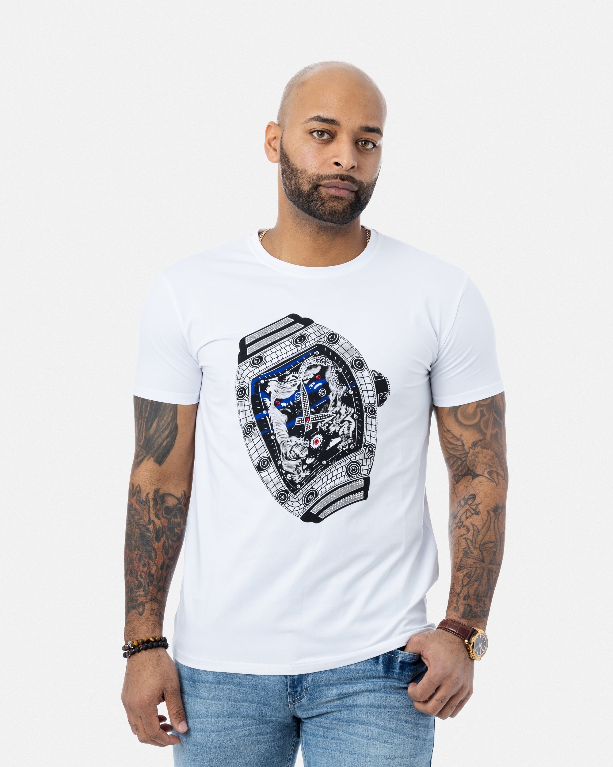 #HTTS-21100 Silver Watch Rhinestone Graphic Crew Tee