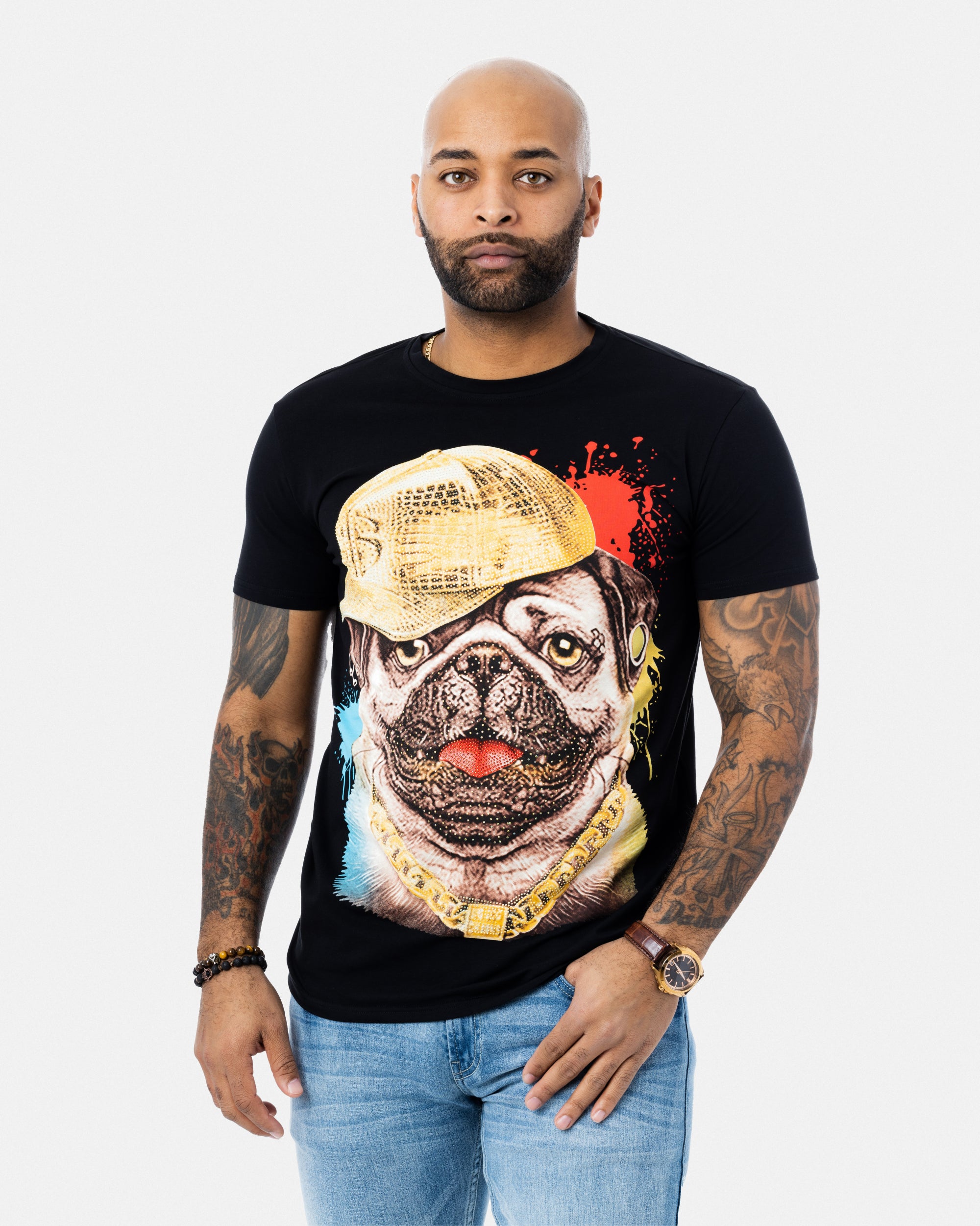 Heads or Tails Men's Cool Rich Pug Dog Rhinestone Studded Graphic Printed Short Sleeve T-Shirt