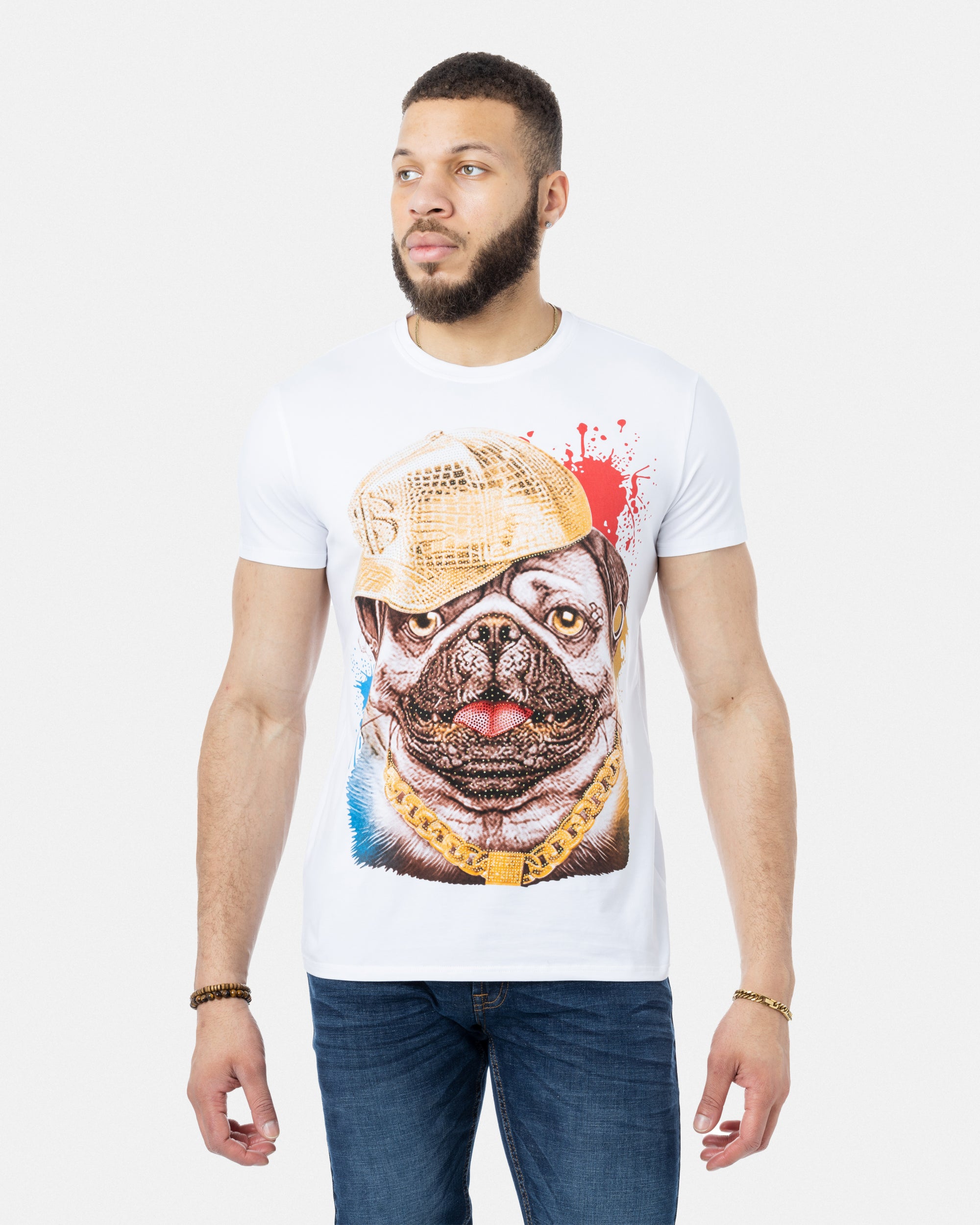 Heads or Tails Men's Cool Rich Pug Dog Rhinestone Studded Graphic Printed Short Sleeve T-Shirt