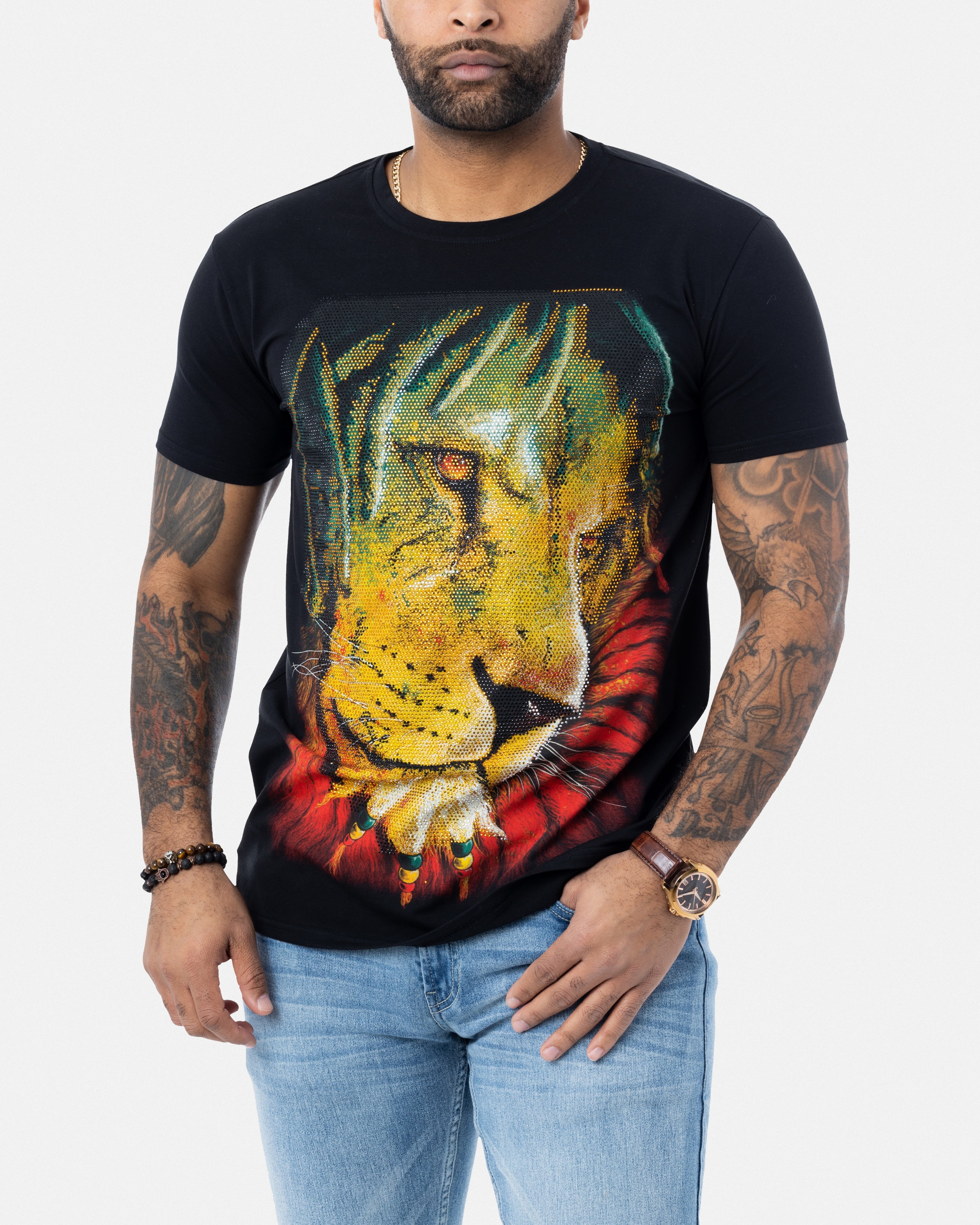 Heads or Tails Men's Marley Lion Rhinestone Studded Graphic Printed T-Shirt