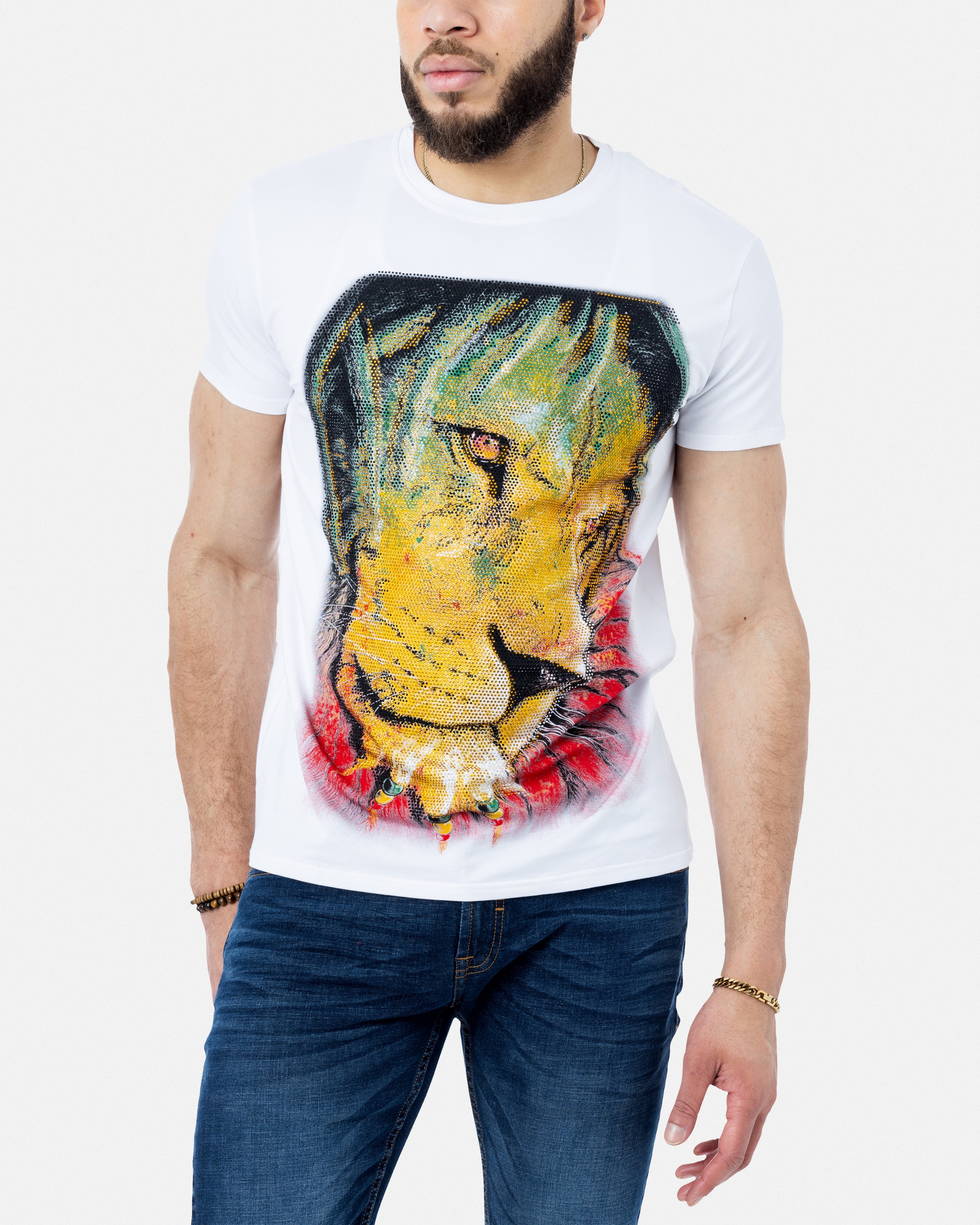 Heads or Tails Men's Marley Lion Rhinestone Studded Graphic Printed T-Shirt