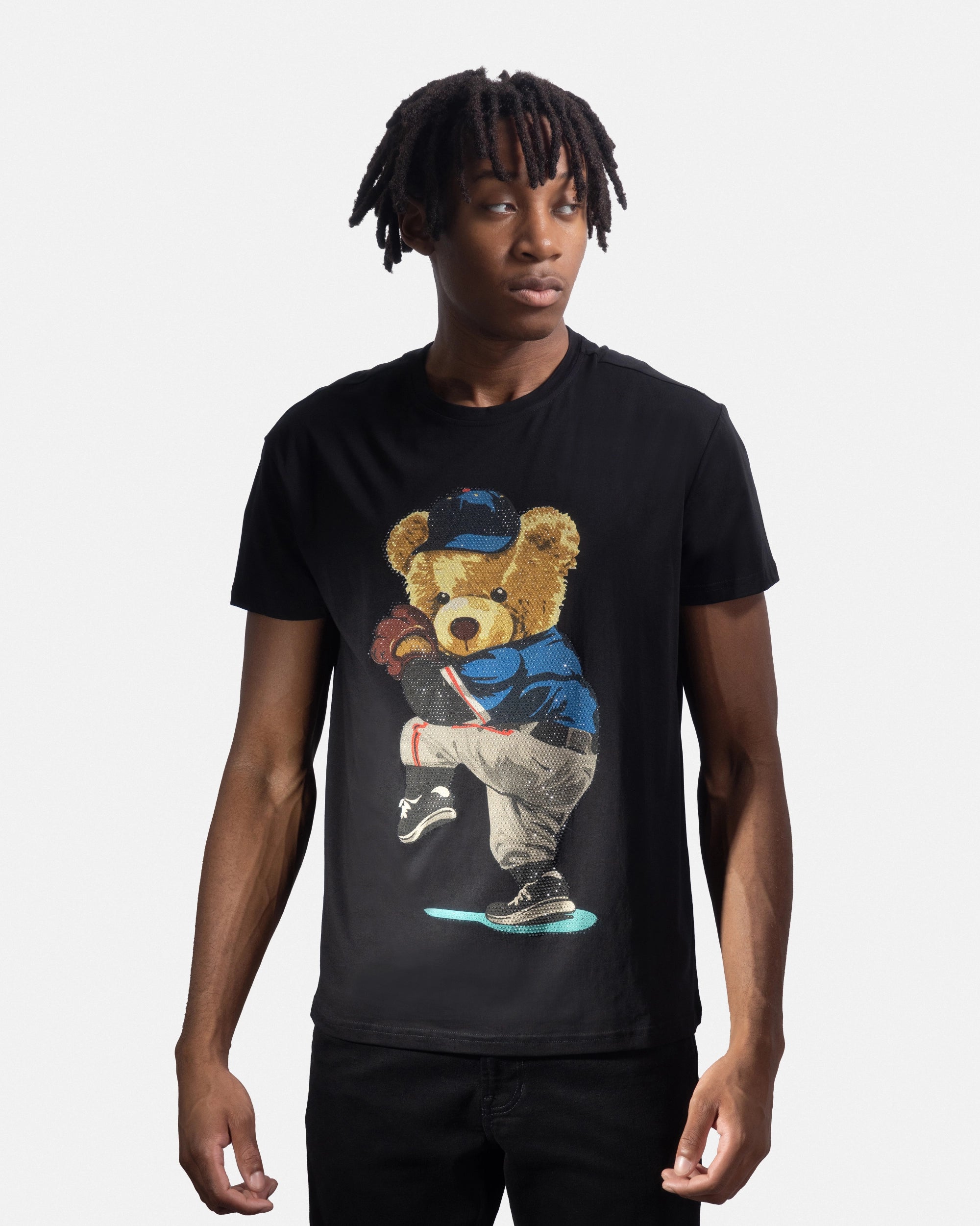 Heads or Tails Men's Slim Fit Crewneck Rhinestone Studded Graphic Printed T-Shirt Stone Tee Ballpark Bear