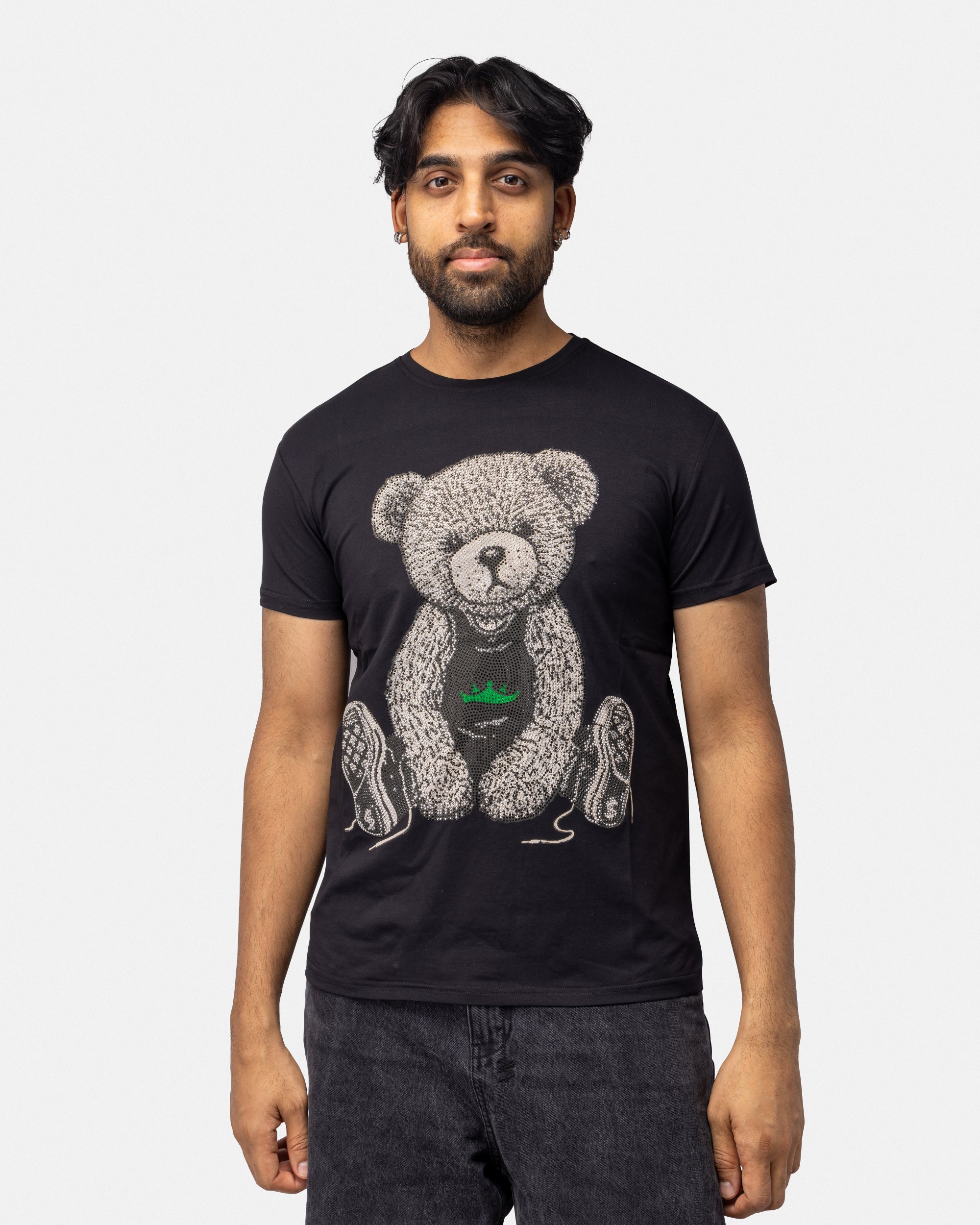 Heads or Tails Men's Slim Fit Crewneck Rhinestone Studded Graphic Printed T-Shirt Stone Tee Seated Bear With Green Crown