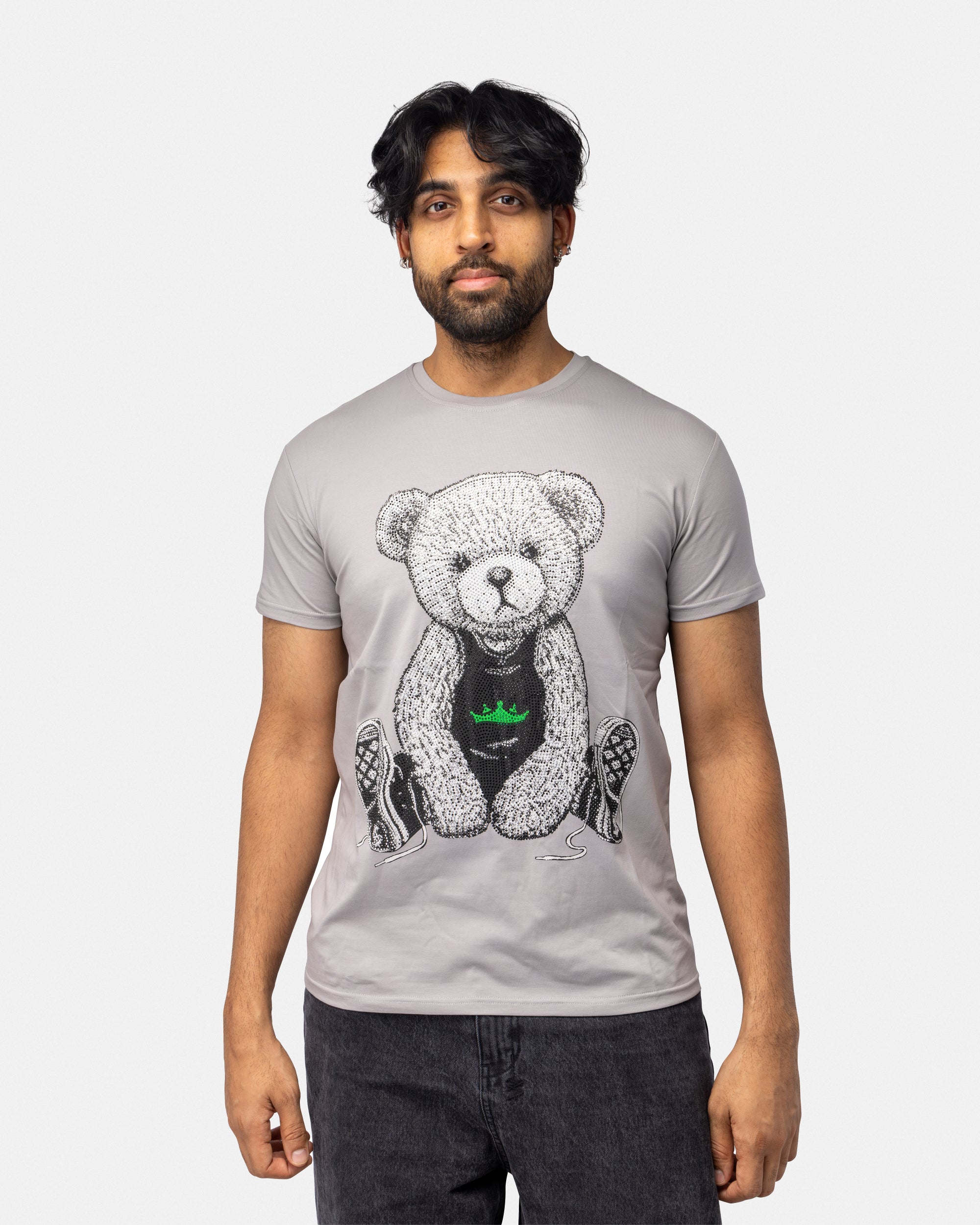 Heads or Tails Men's Slim Fit Crewneck Rhinestone Studded Graphic Printed T-Shirt Stone Tee Seated Bear With Green Crown