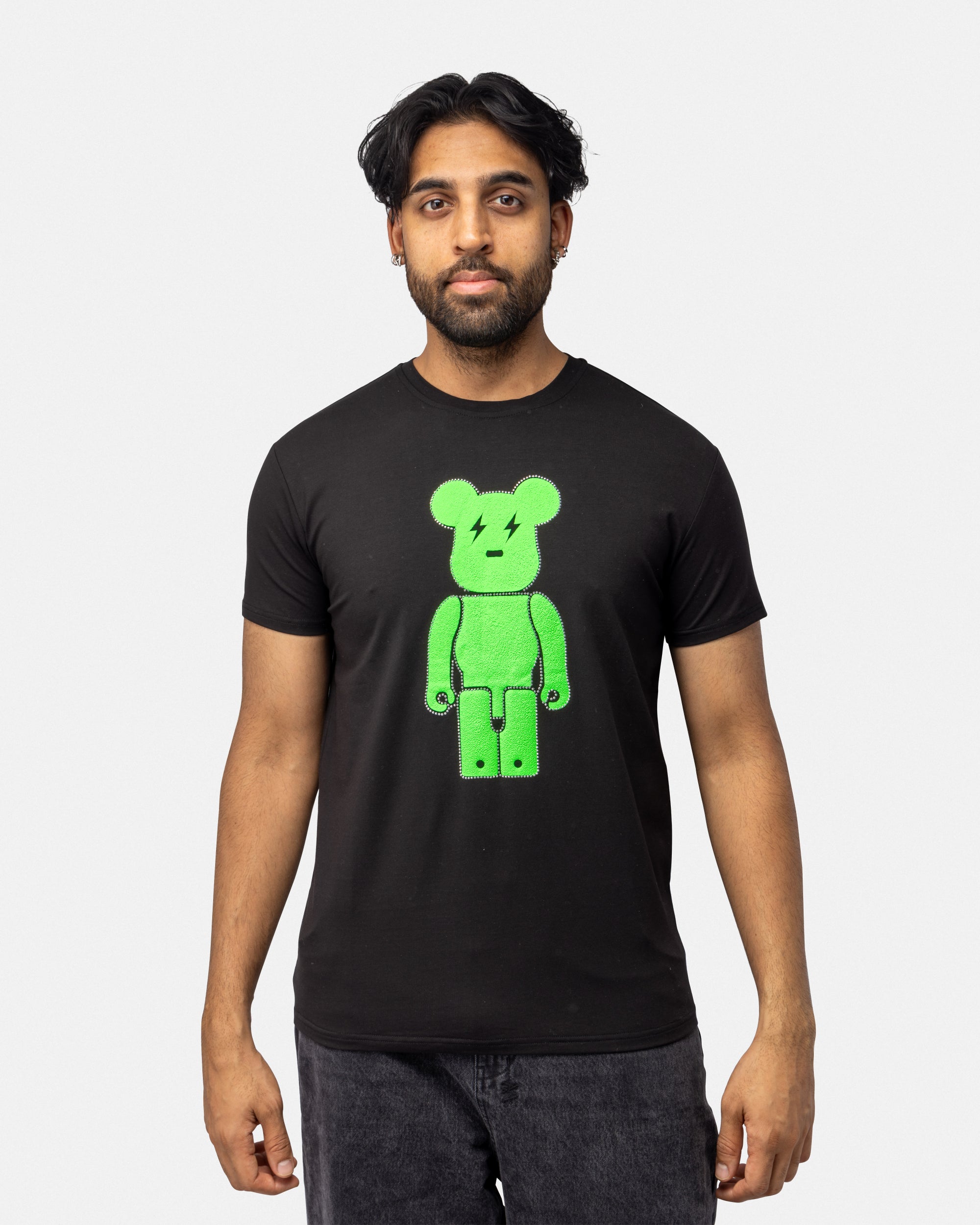 Heads or Tails Men's Slim Fit Crewneck Rhinestone Studded Graphic Printed T-Shirt Stone Tee Neon Green Bear