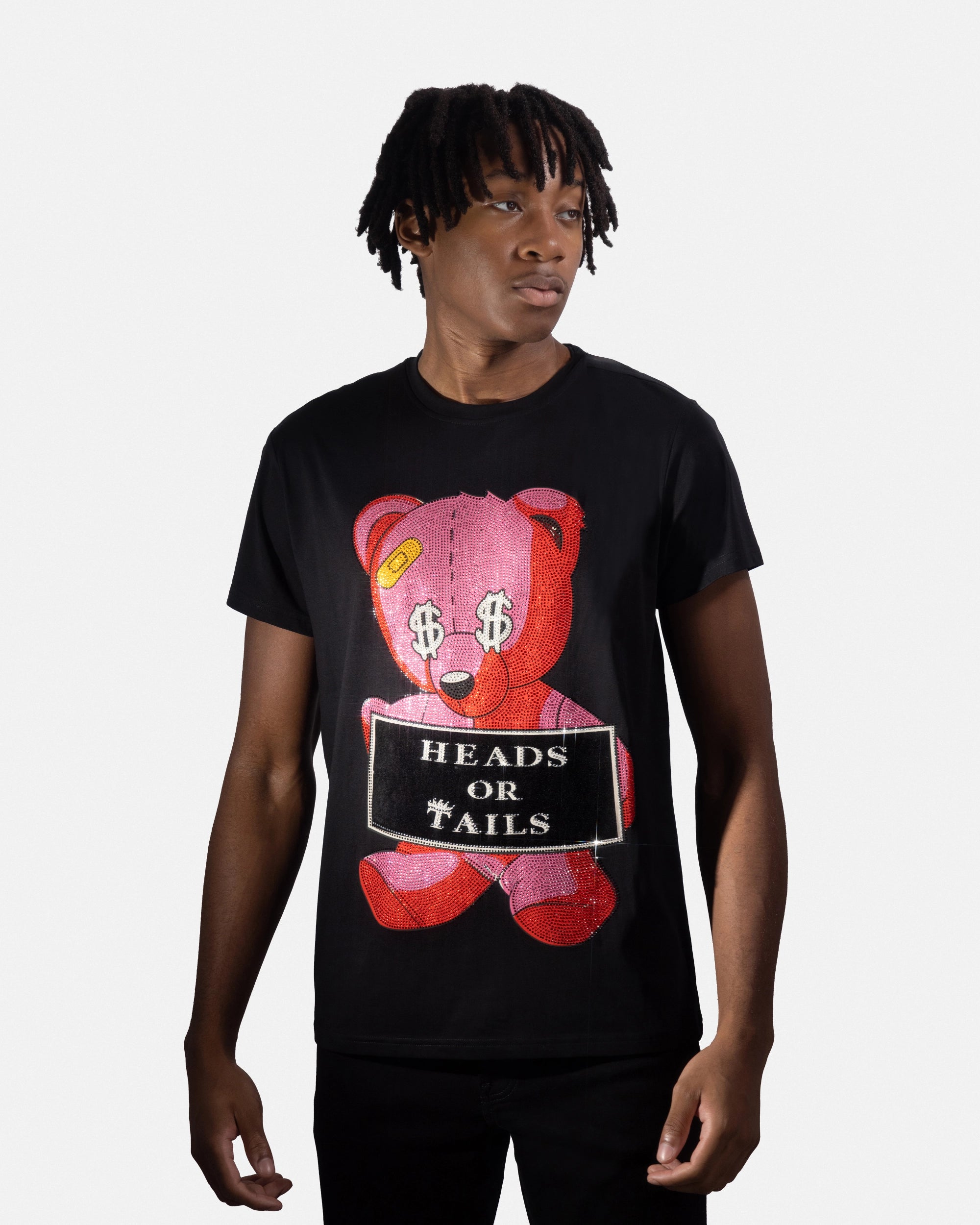 Heads or Tails Men's Slim Fit Crewneck Rhinestone Studded Graphic Printed T-Shirt Stone Tee Red Teddy Cash Bear