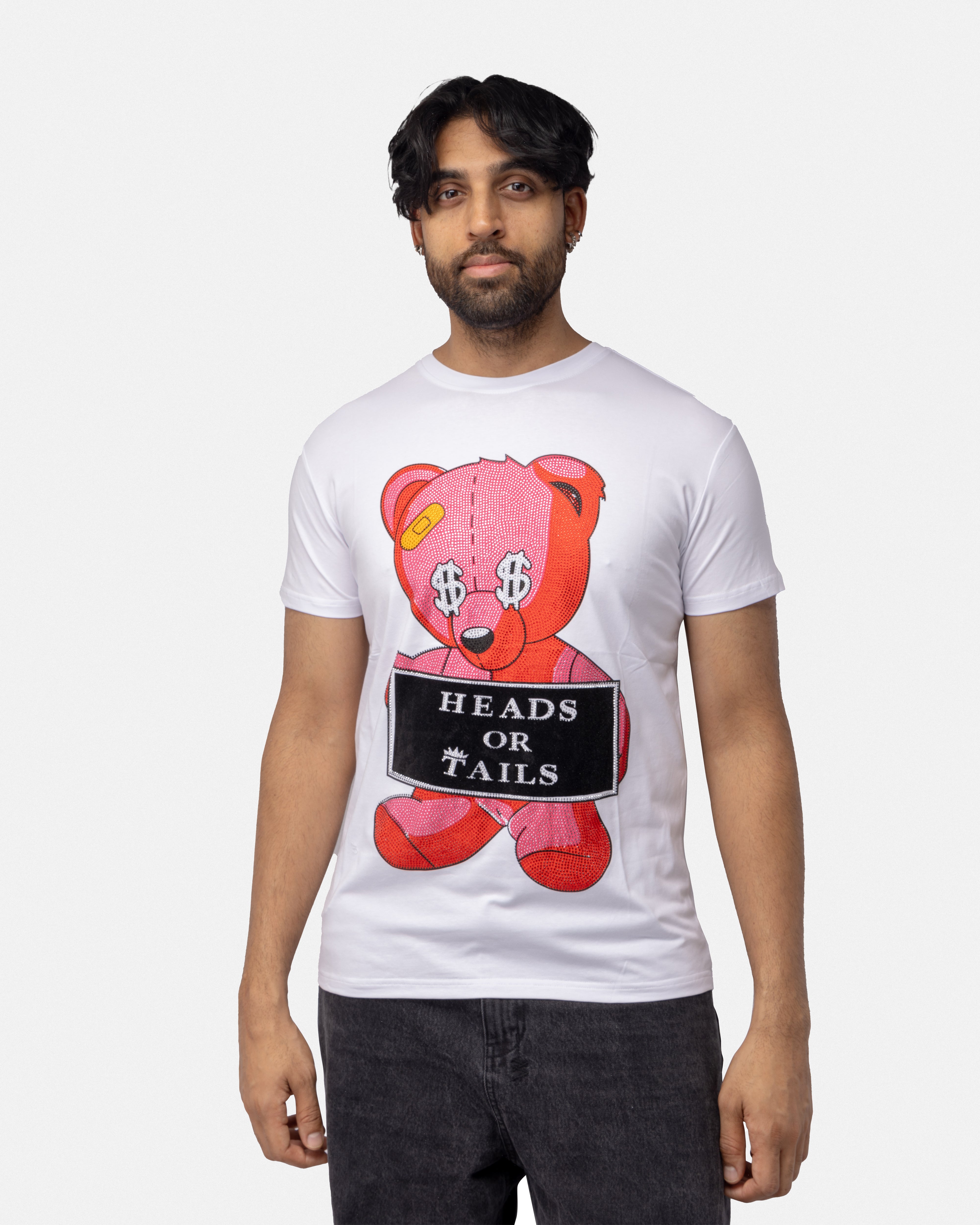 Heads or Tails Men's Slim Fit Crewneck Rhinestone Studded Graphic Printed T-Shirt Stone Tee Red Teddy Cash Bear