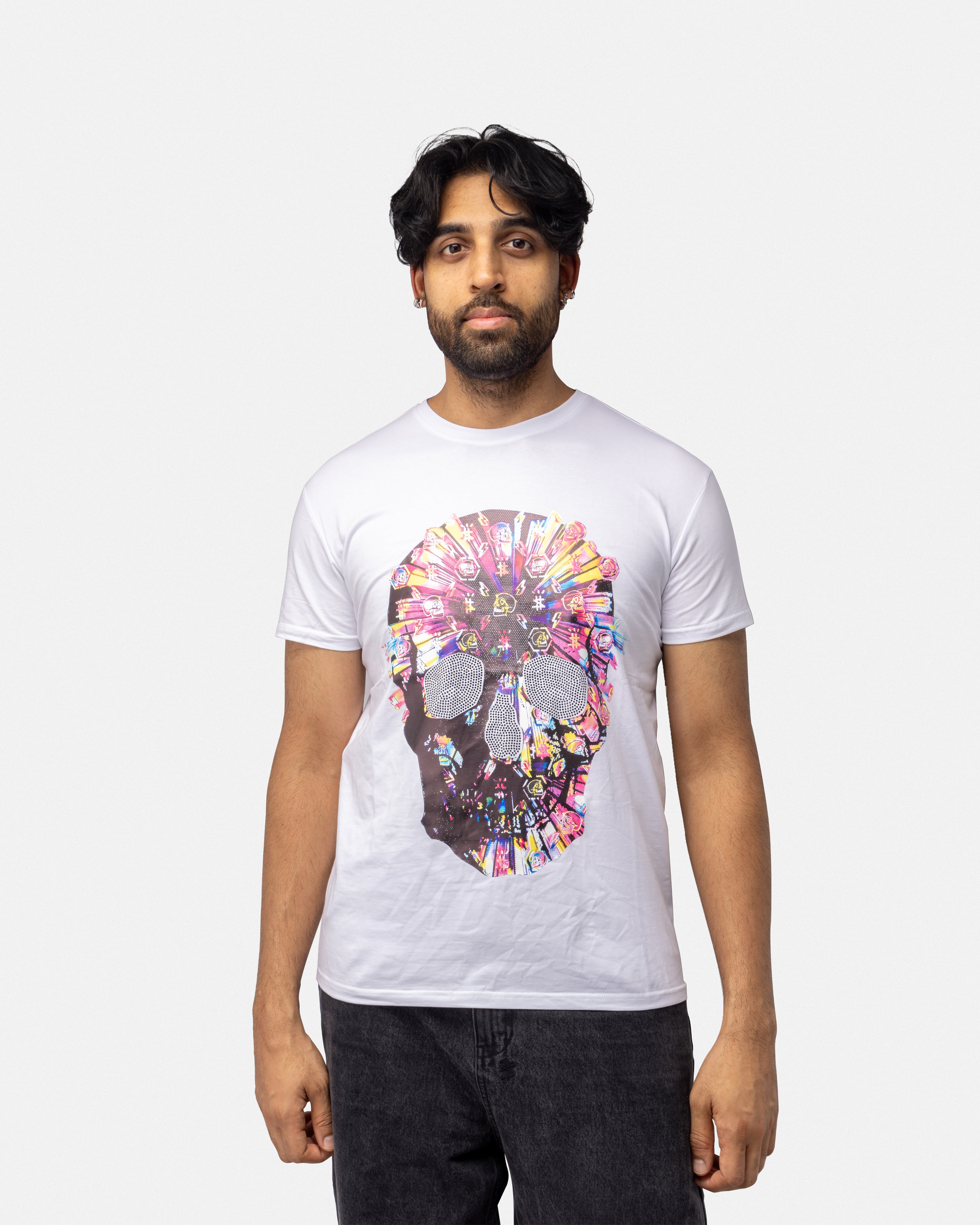 Heads or Tails Men's Slim Fit Crewneck Rhinestone Studded Graphic Printed T-Shirt Stone Tee Multi Colored Skull With Silver