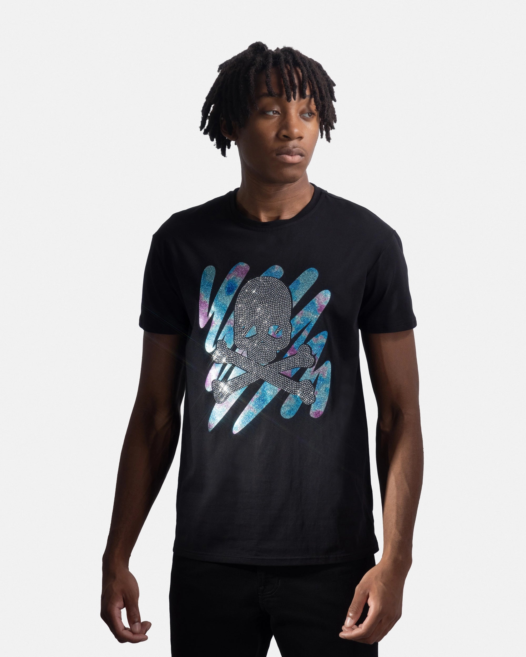 Heads or Tails Men's Slim Fit Crewneck Rhinestone Studded Graphic Printed T-Shirt Stone Tee Silver Skull With Bones