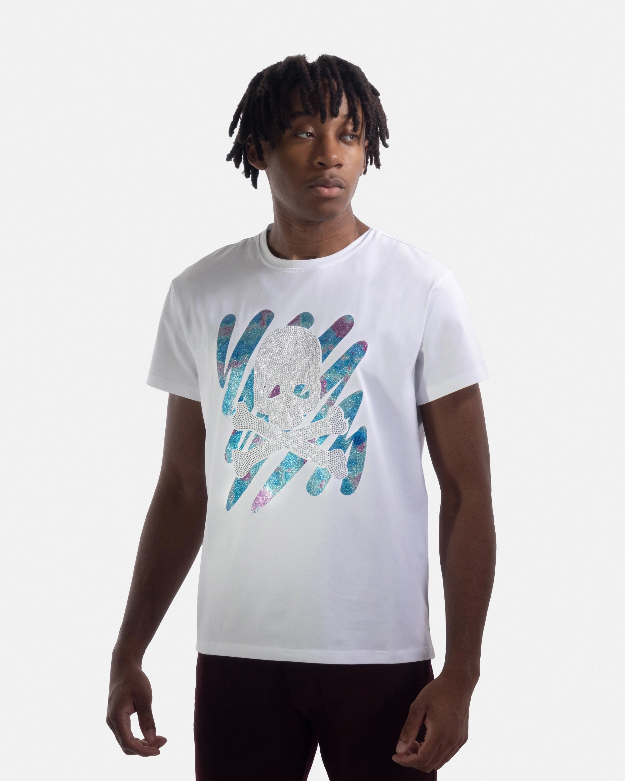 Heads or Tails Men's Slim Fit Crewneck Rhinestone Studded Graphic Printed T-Shirt Stone Tee Silver Skull With Bones