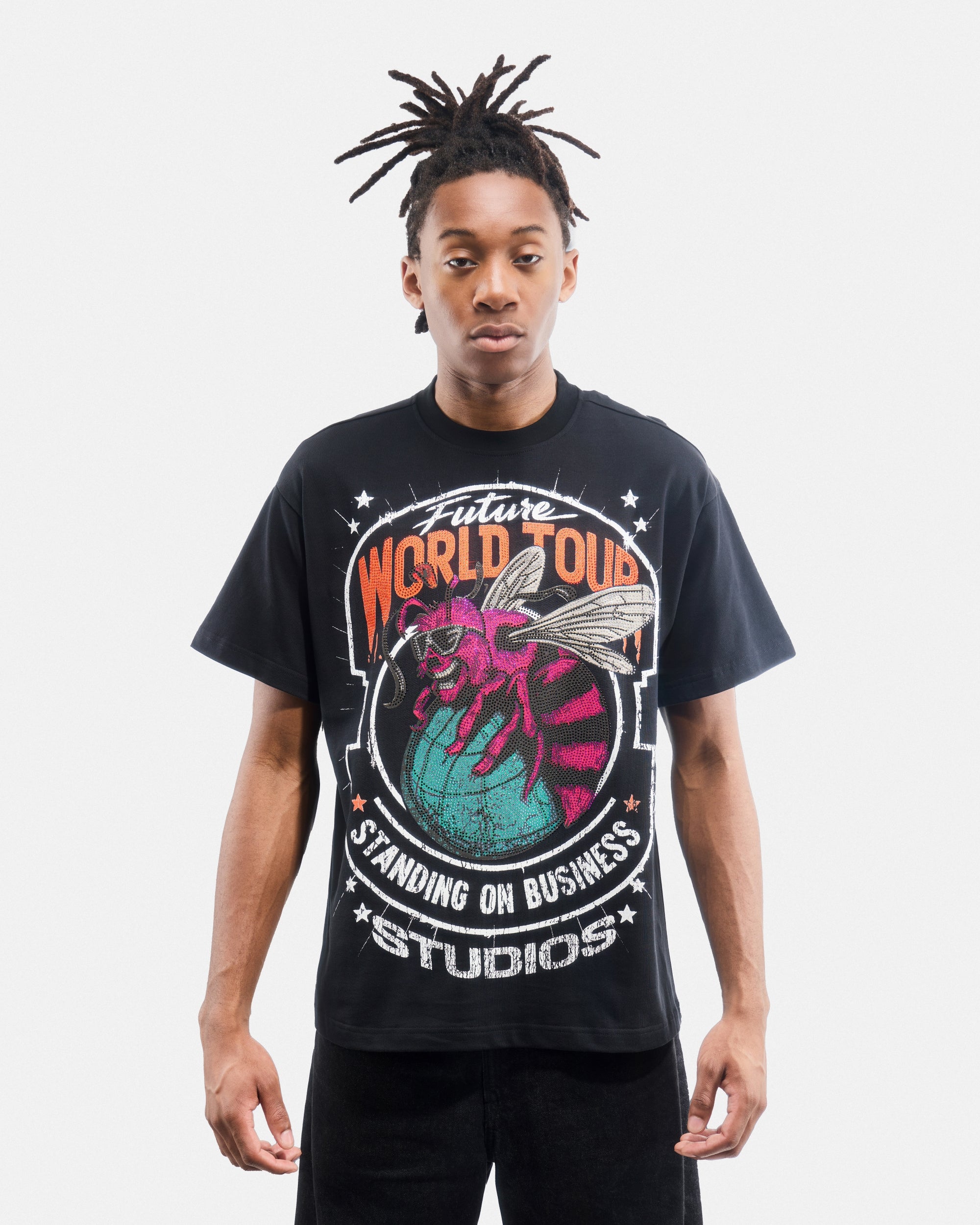 Men's Oversized Rhinestone Graphic T-Shirt_Purple Bee On Globe