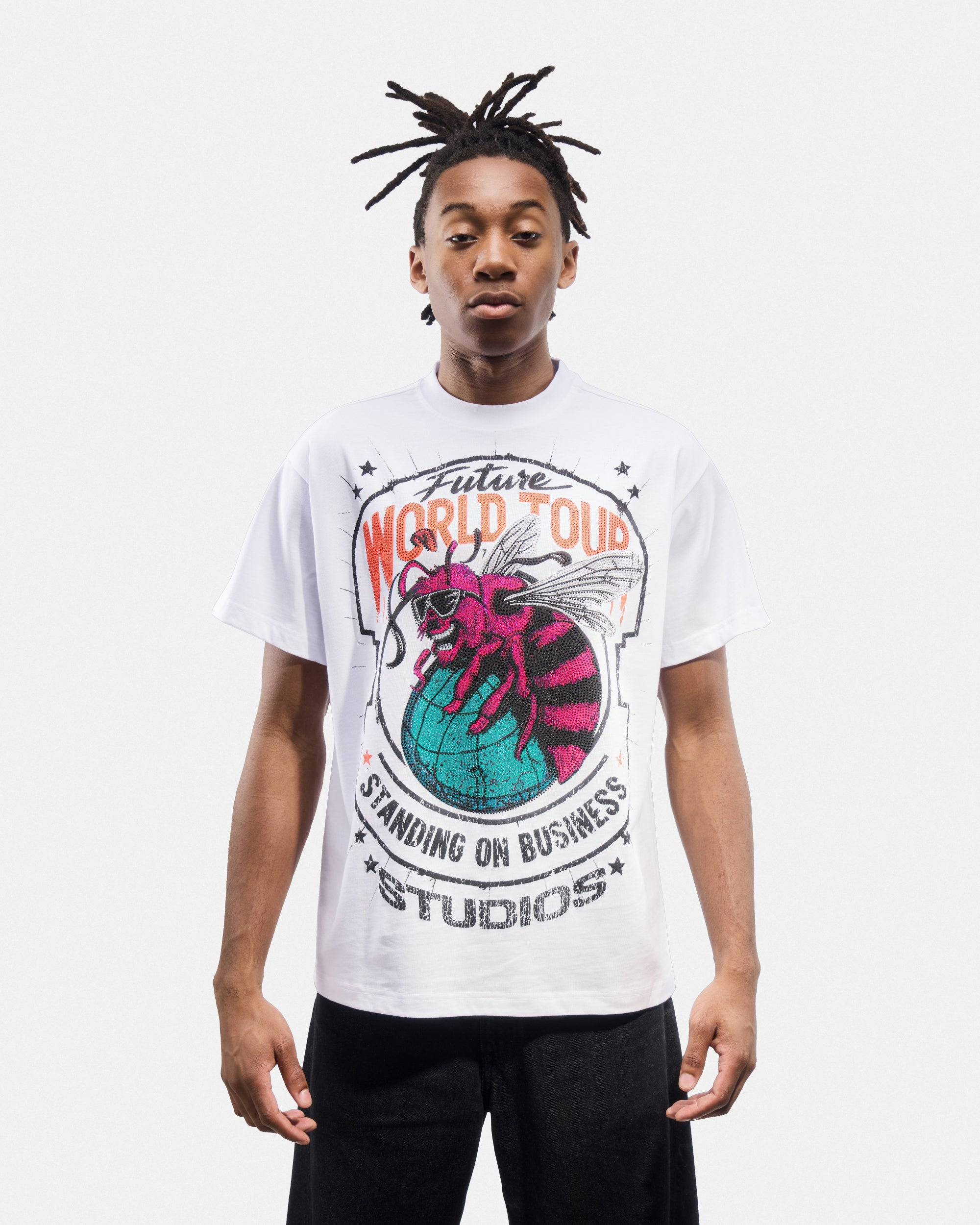 Men's Oversized Rhinestone Graphic T-Shirt_Purple Bee On Globe