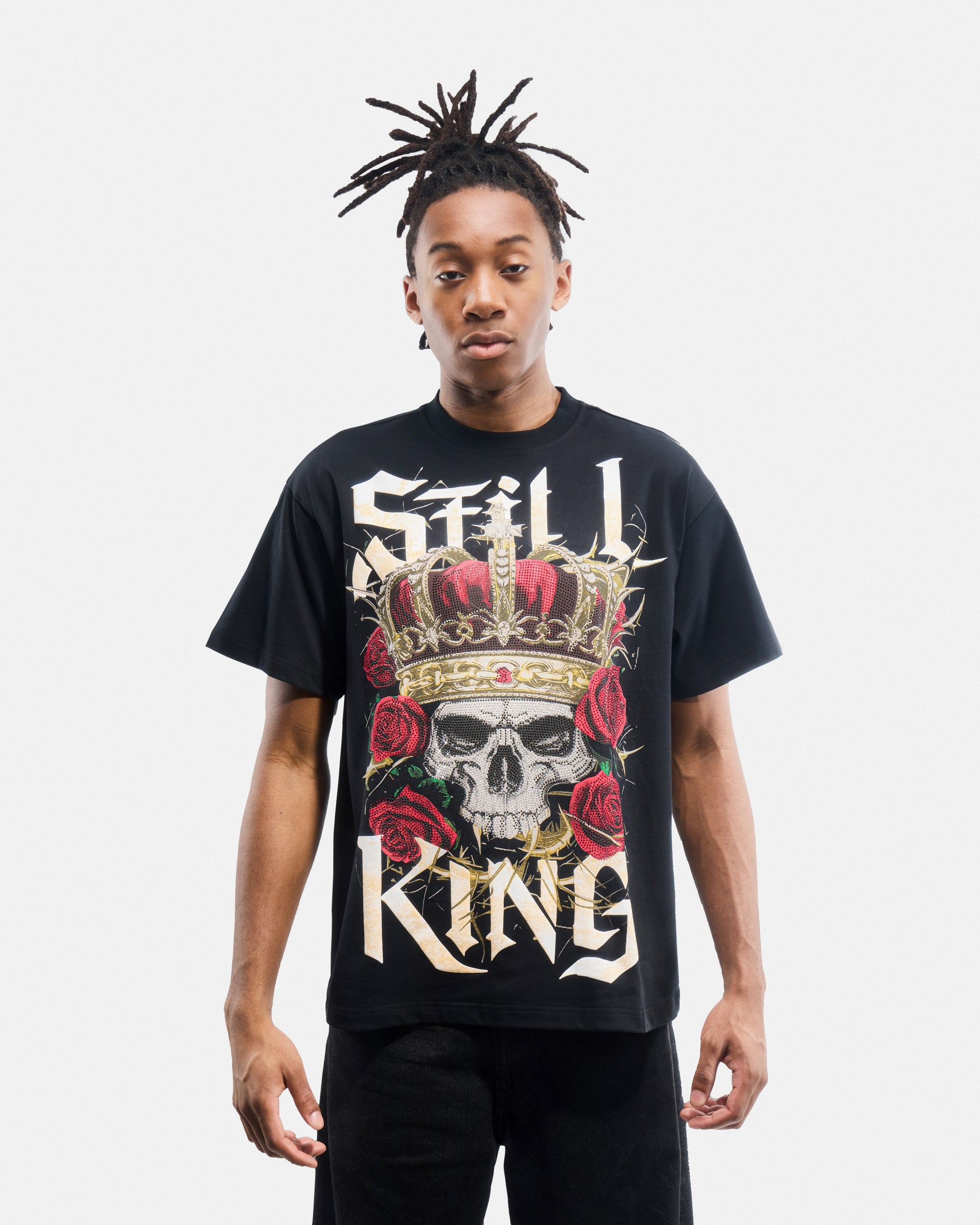 Men's Oversized Rhinestone Graphic T-Shirt_King Skull And Roses
