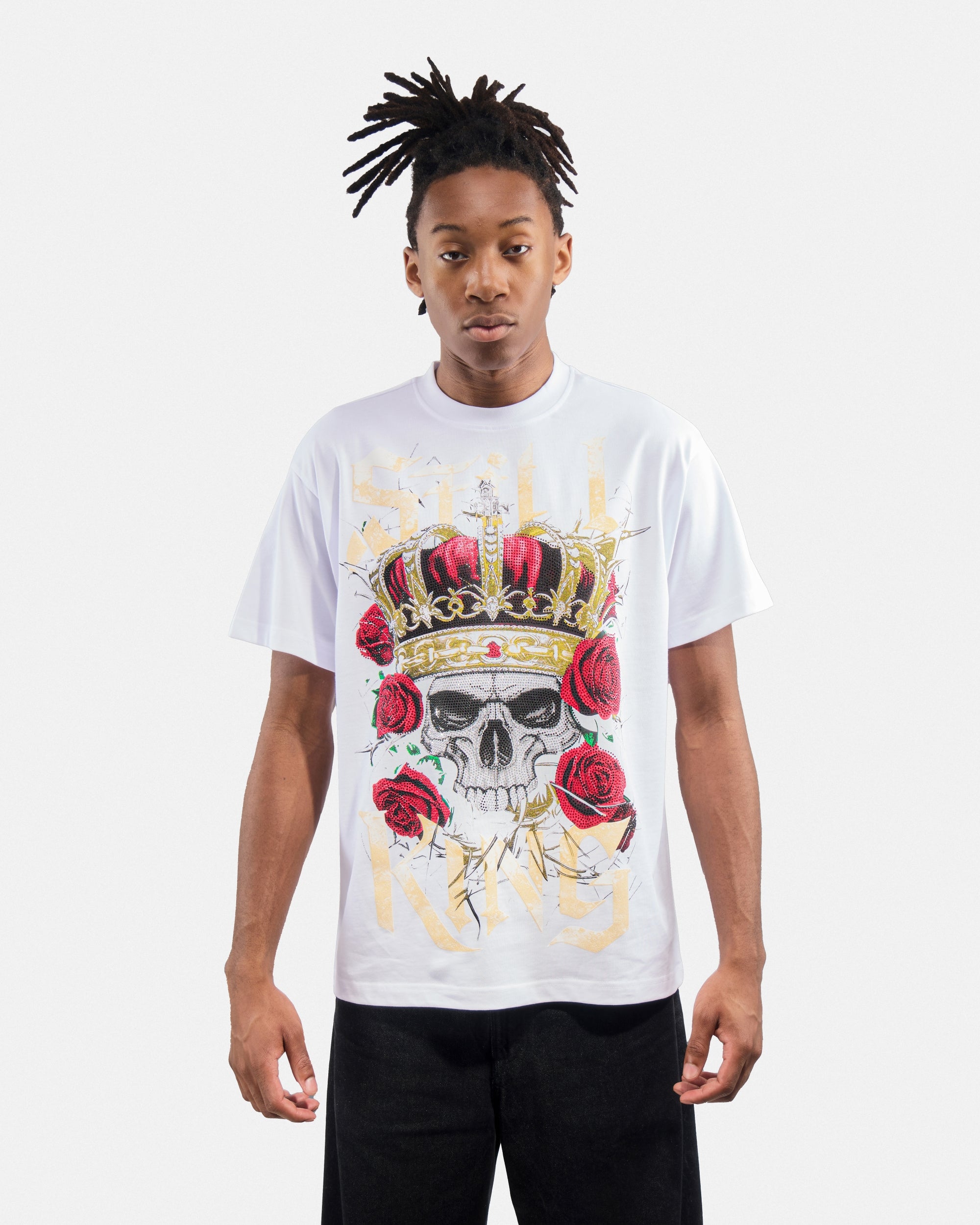 Men's Oversized Rhinestone Graphic T-Shirt_King Skull And Roses