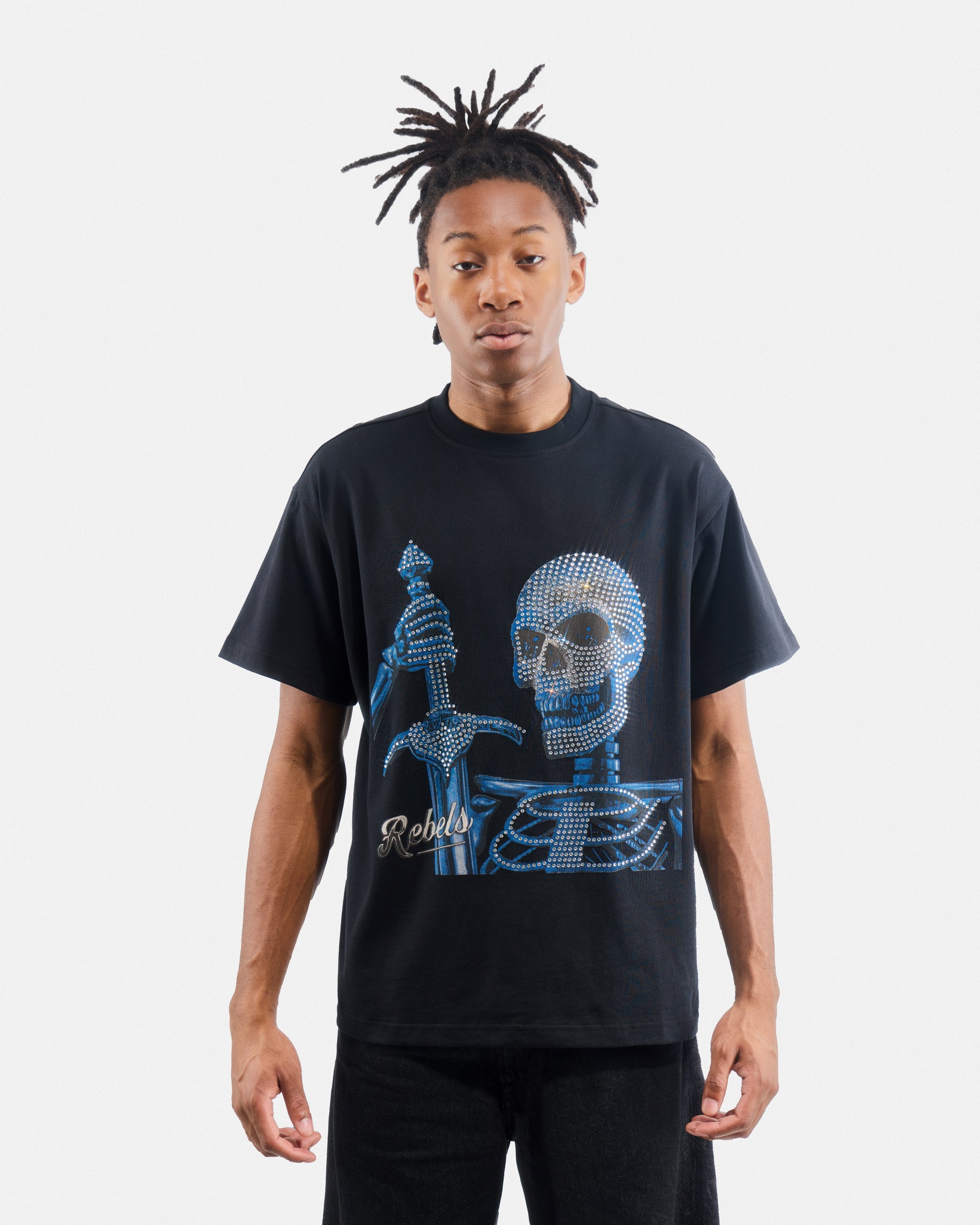 Men's Oversized Rhinestone Graphic T-Shirt_Skeleton With Sword