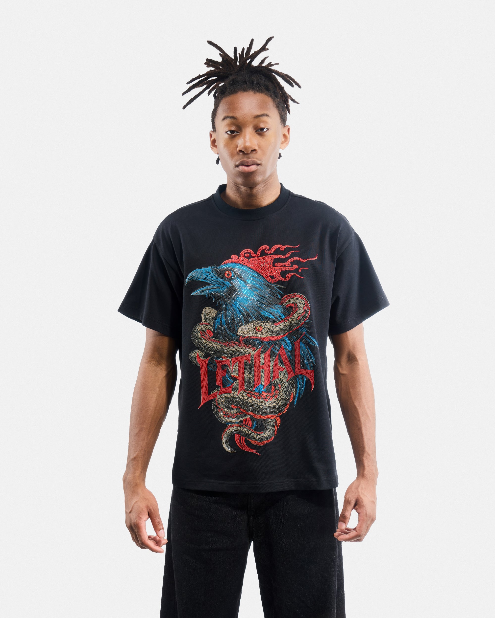 Men's Oversized Rhinestone Graphic T-Shirt Snake Wrapped Around Crow