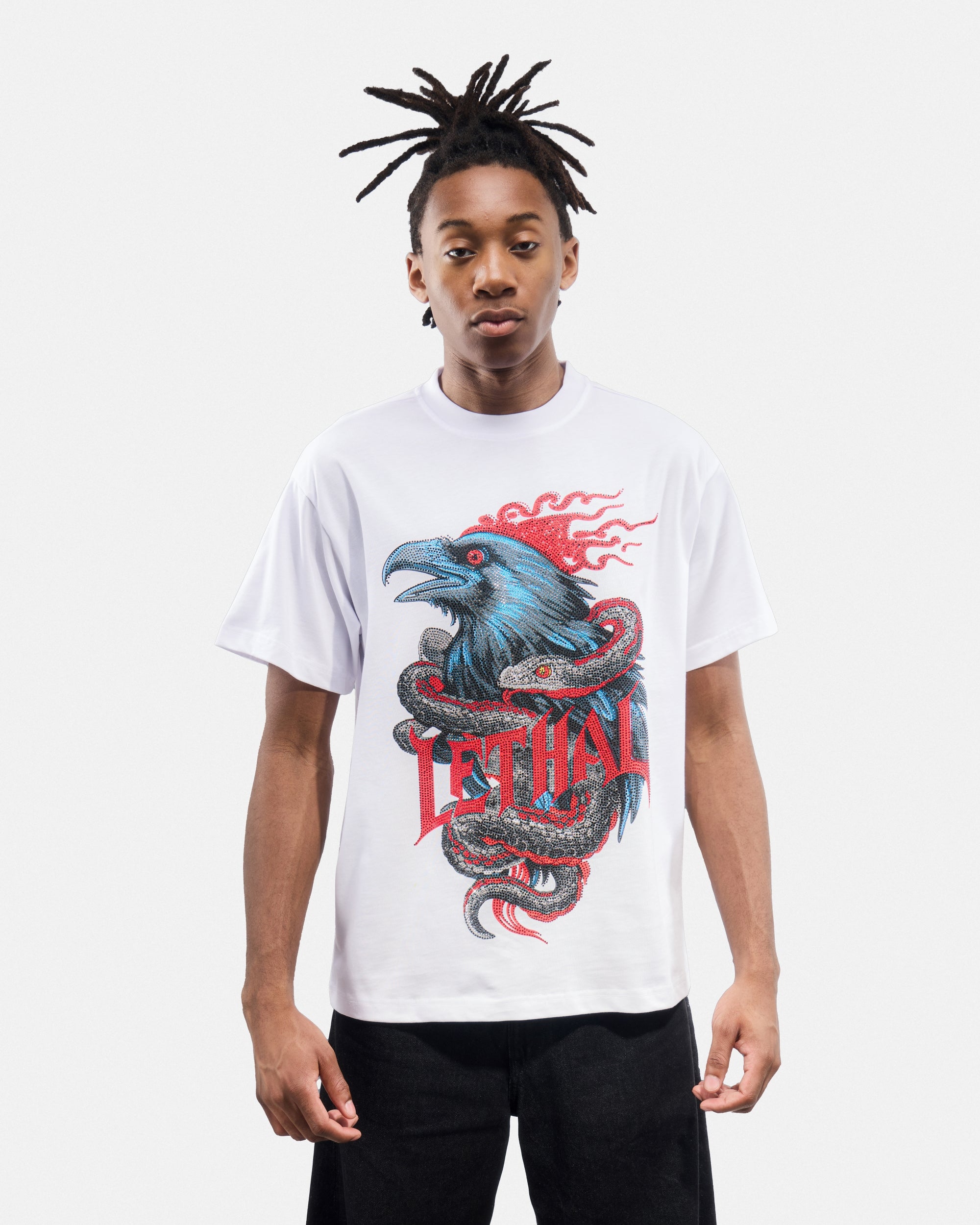 Men's Oversized Rhinestone Graphic T-Shirt Snake Wrapped Around Crow