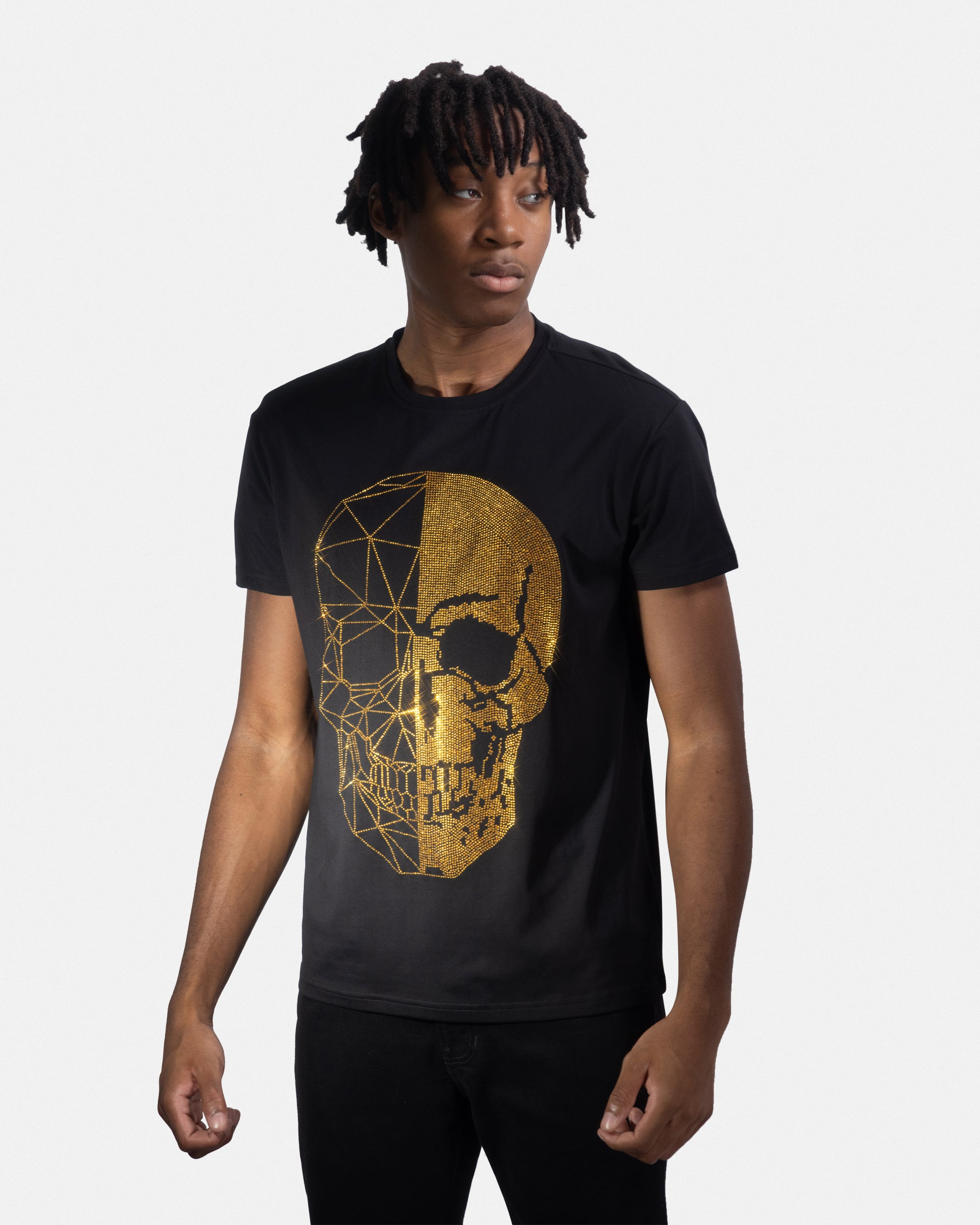 HEADS OR TAILS Mens Graphic T-Shirts w/Rhinestones, Skull Printed Bling Stone Studded, Slim Fit Knit Cool T Shirts for Men