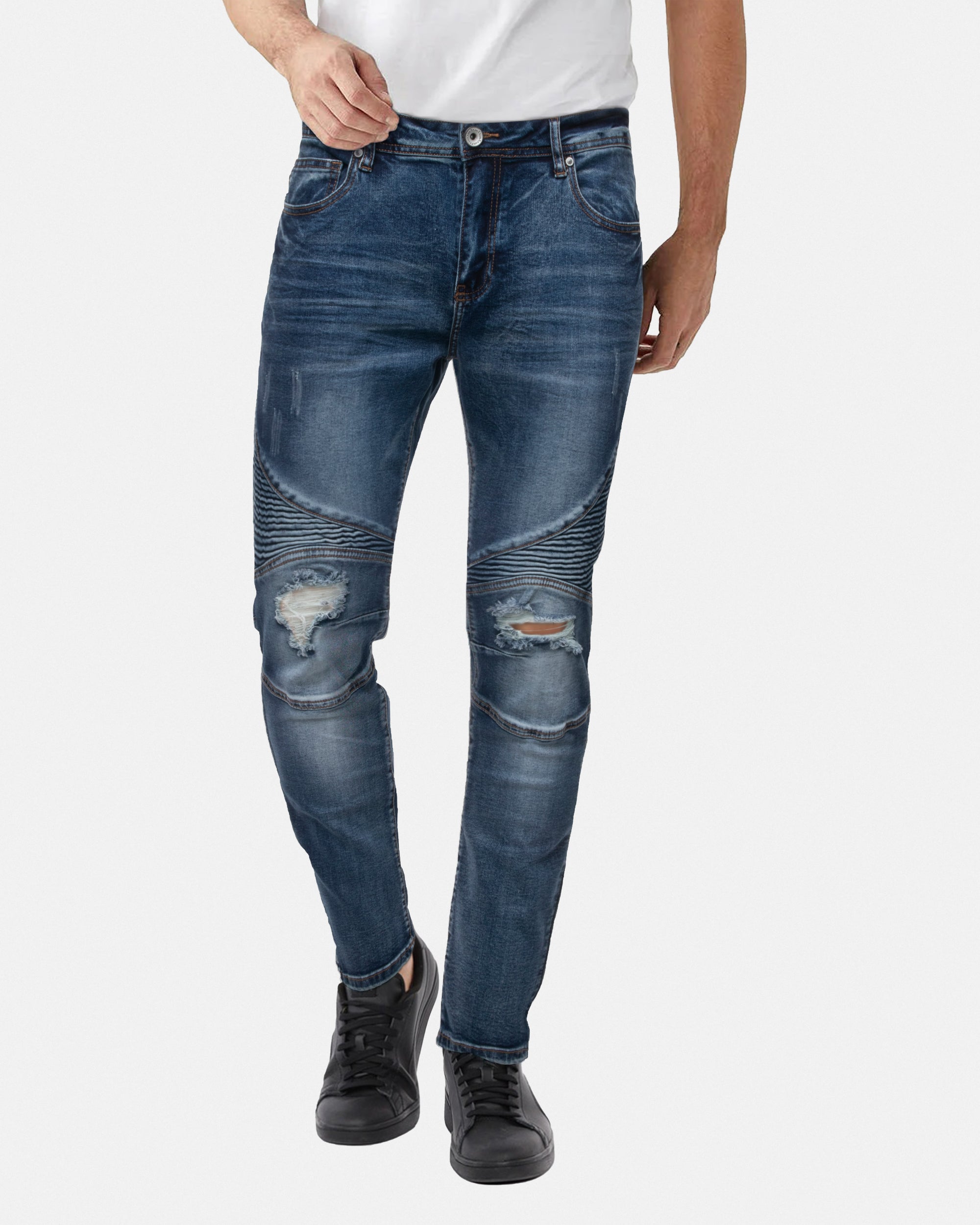 RAW X Men's Skinny Fit Ripped Knee Moto Biker Denim Pants