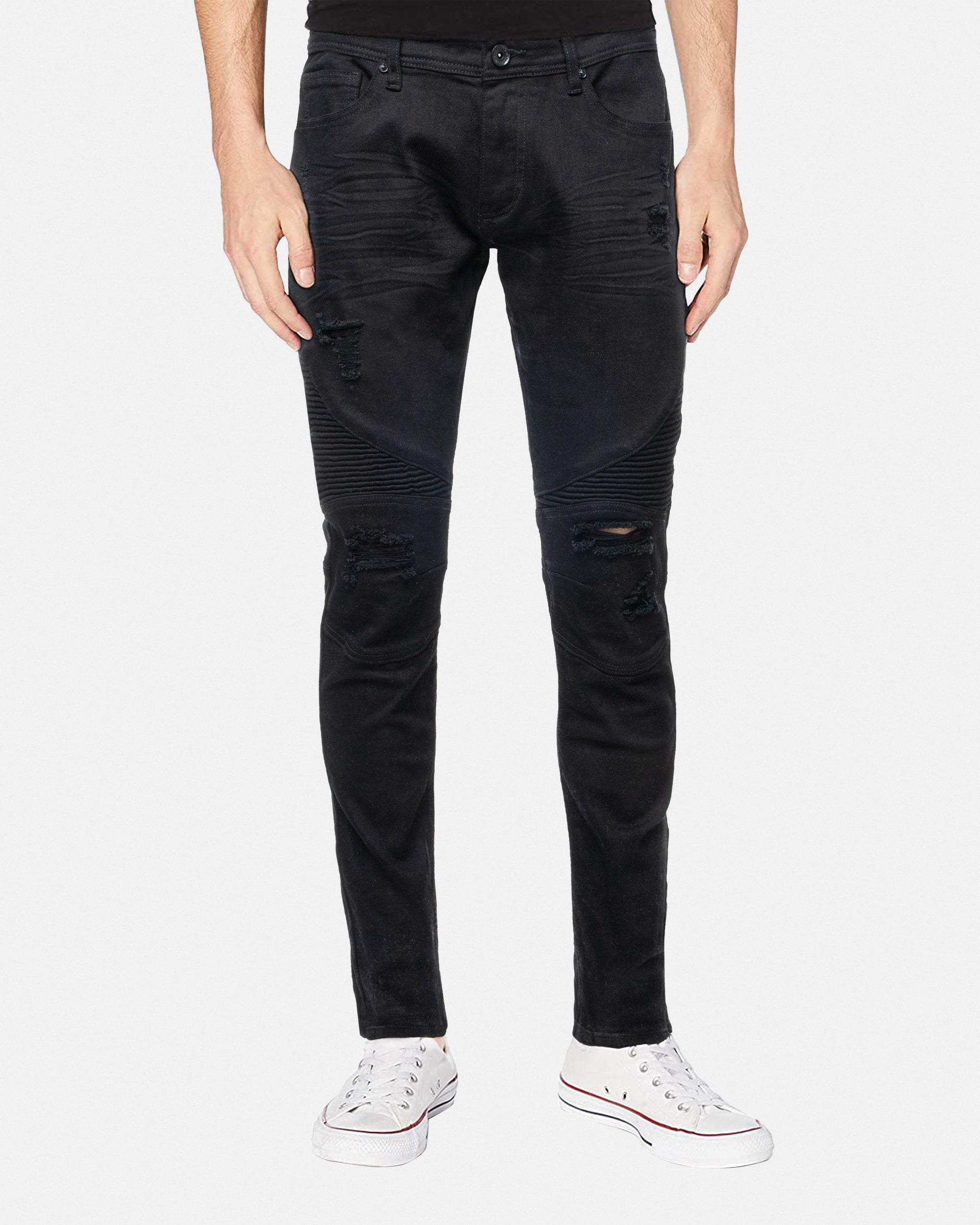 RAW X Men's Skinny Fit Ripped Knee Moto Biker Denim Pants