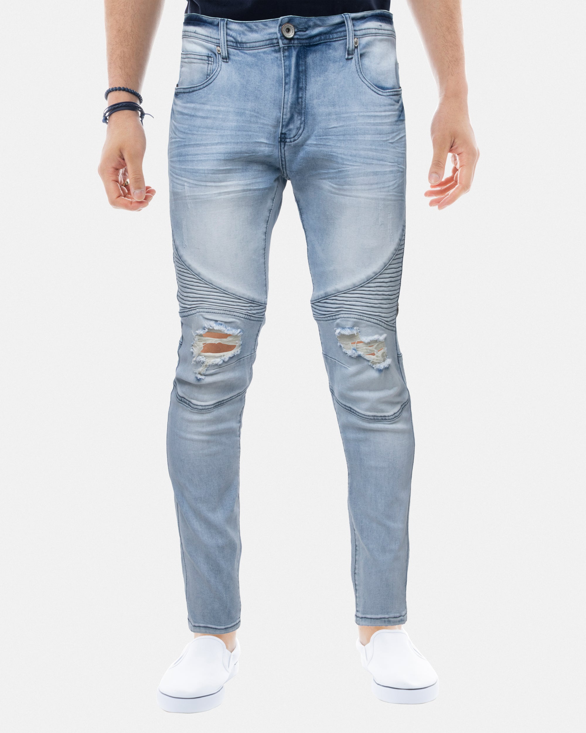 RAW X Men's Skinny Fit Ripped Knee Moto Biker Denim Pants