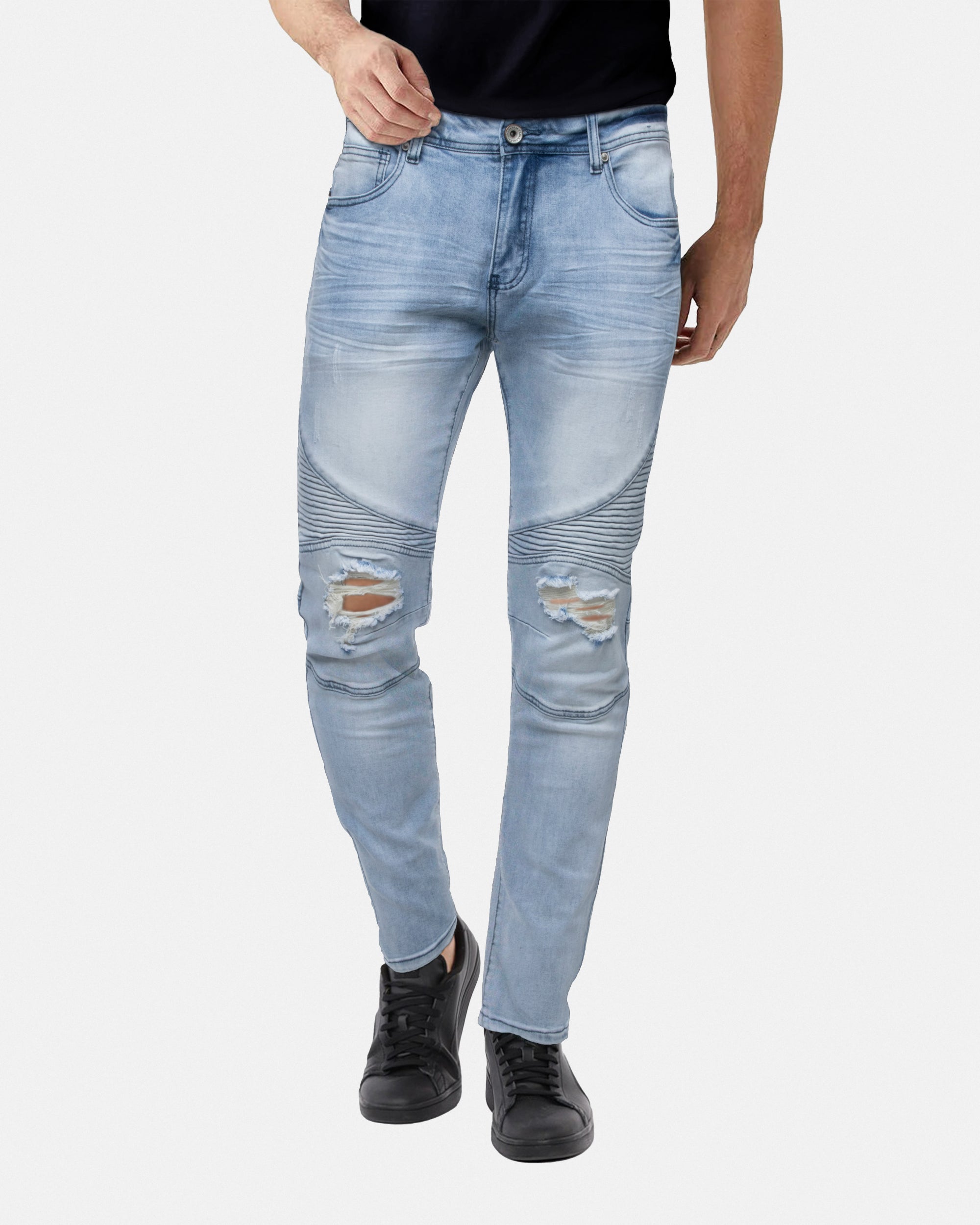 RAW X Men's Skinny Fit Ripped Knee Moto Biker Denim Pants