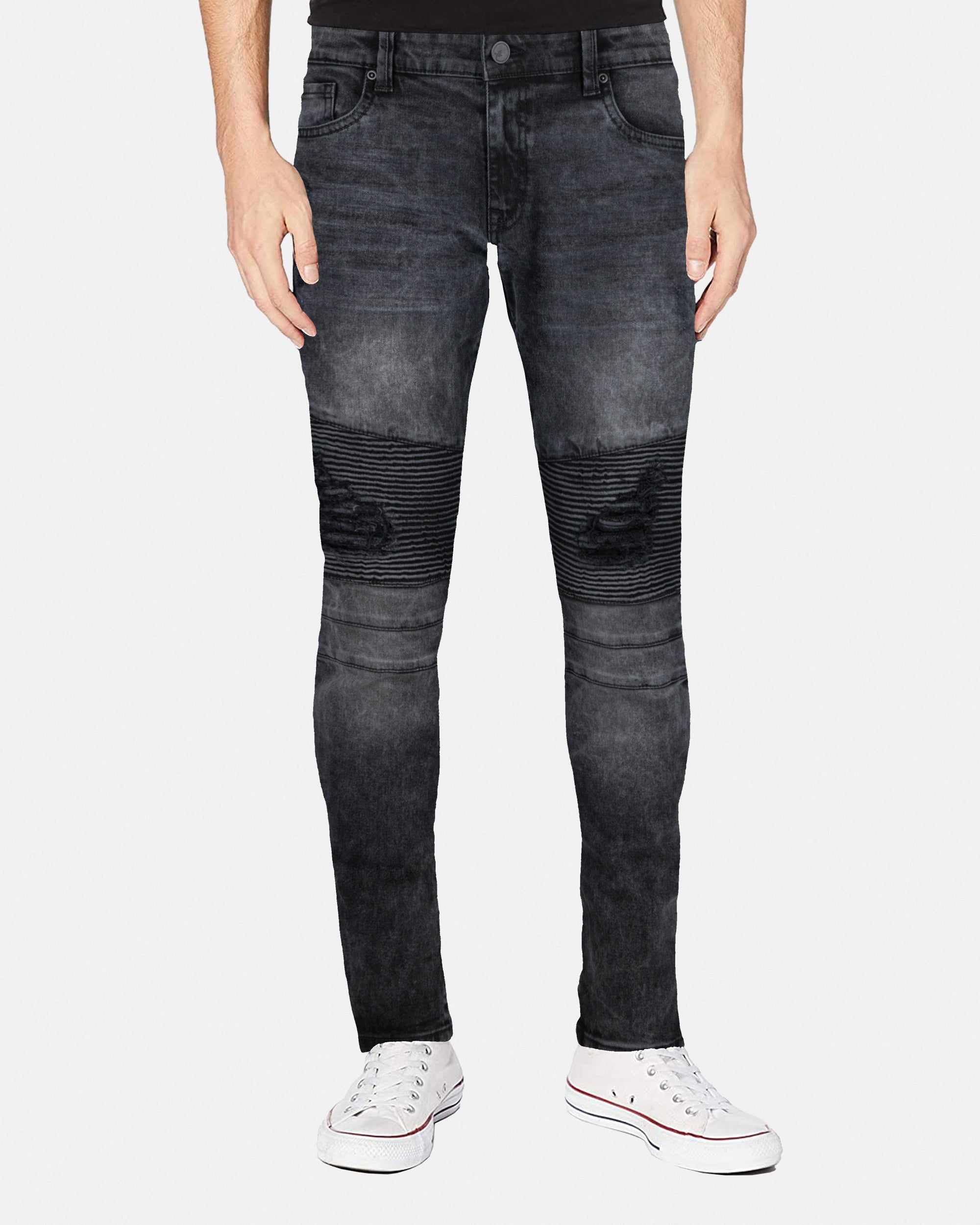 RAW X Men's Skinny Fit Ripped Knee Moto Biker Denim Pants