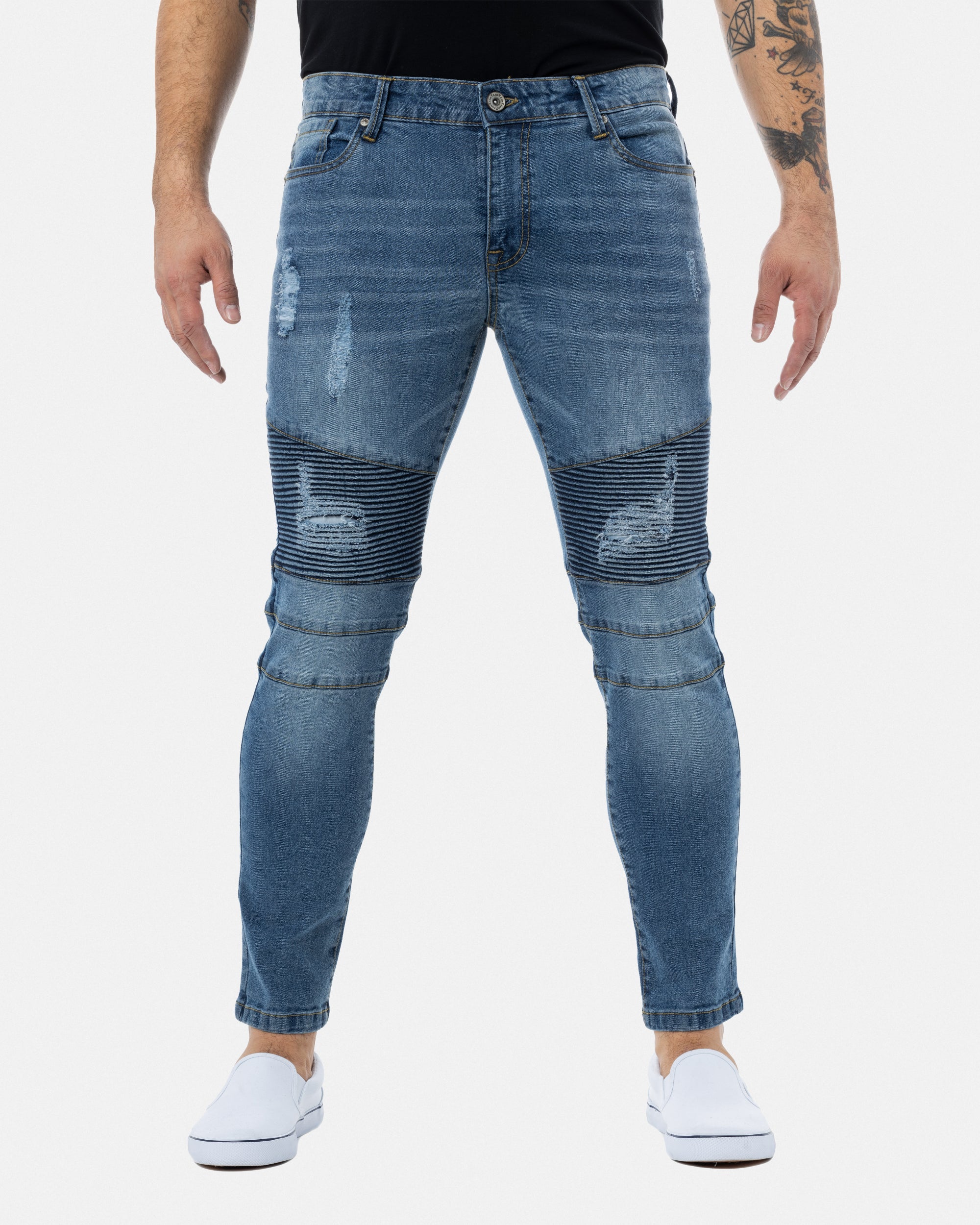RAW X Men's Skinny Fit Ripped Knee Moto Biker Denim Pants
