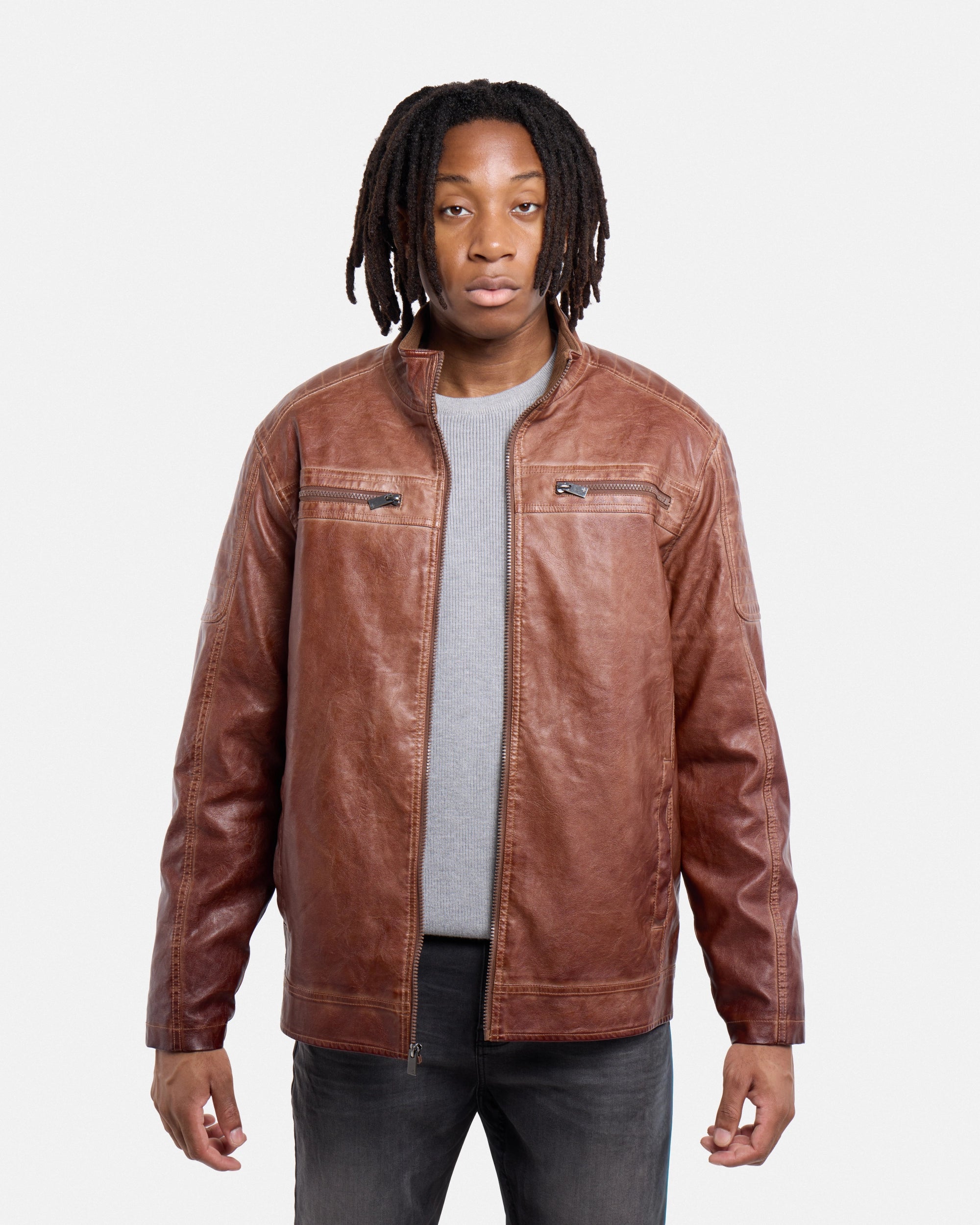 #SMJK5100471 Washed Tobacco Faux Leather Bomber Jacket