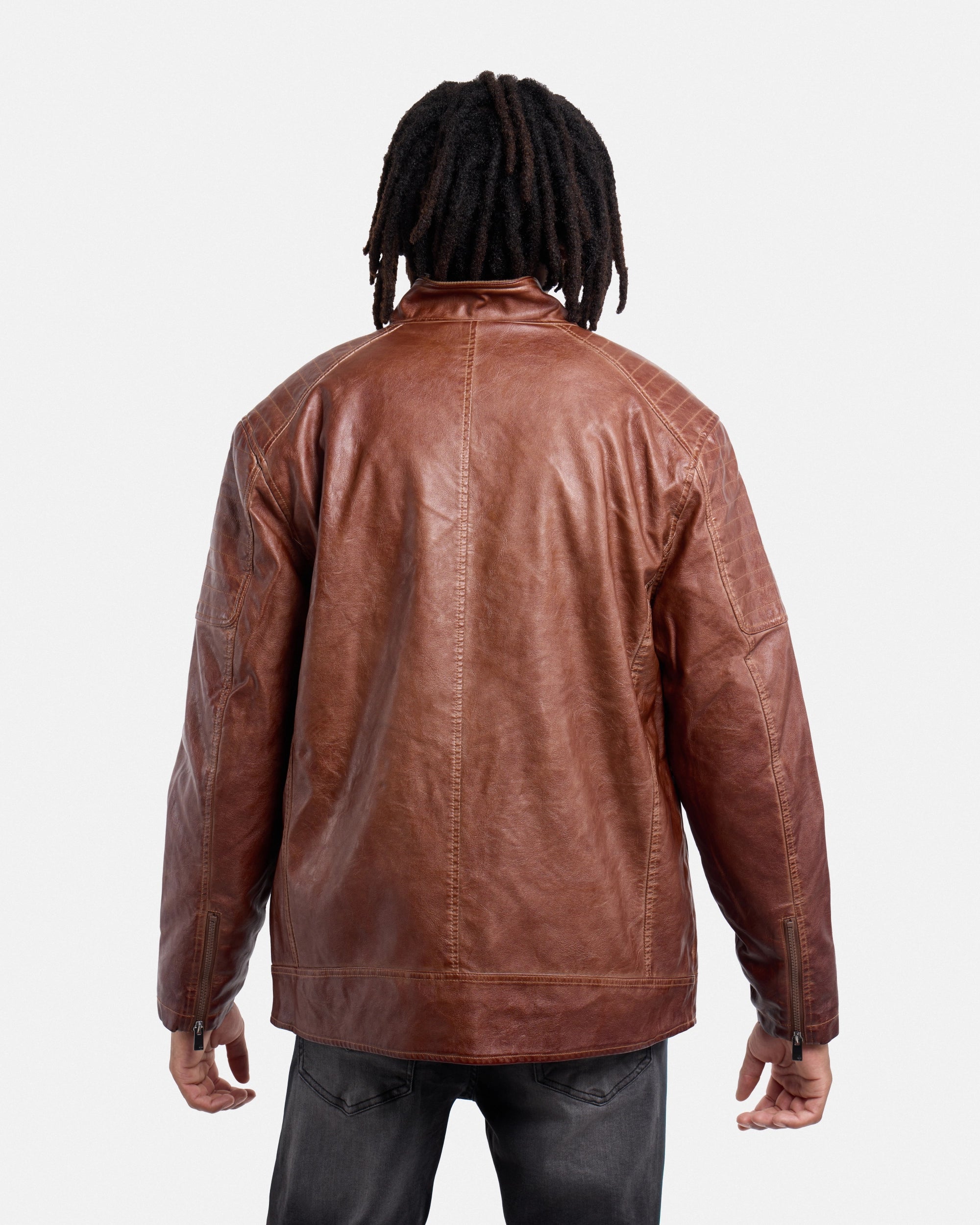 #SMJK5100471 Washed Tobacco Faux Leather Bomber Jacket