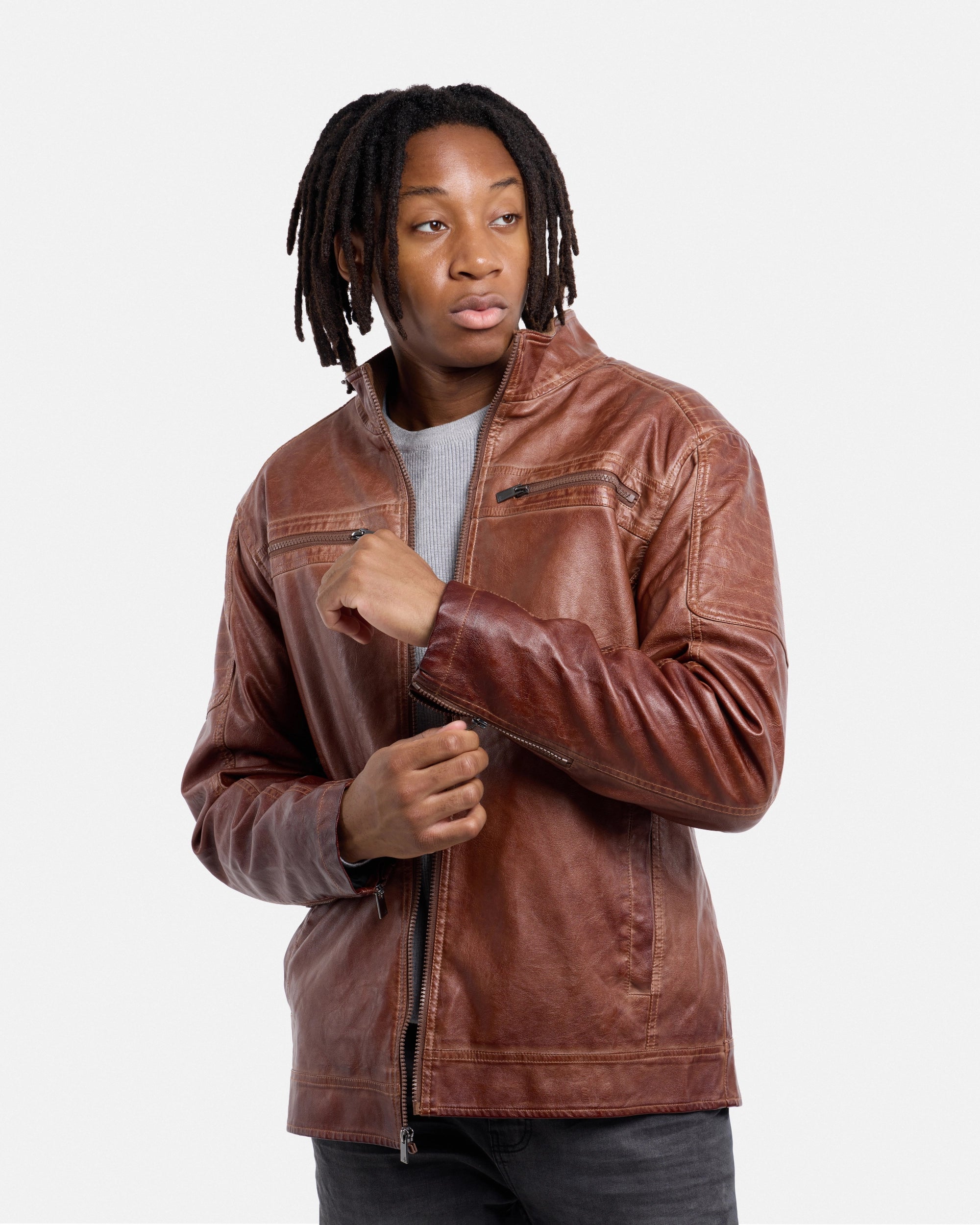 #SMJK5100471 Washed Tobacco Faux Leather Bomber Jacket-thumbmail-3