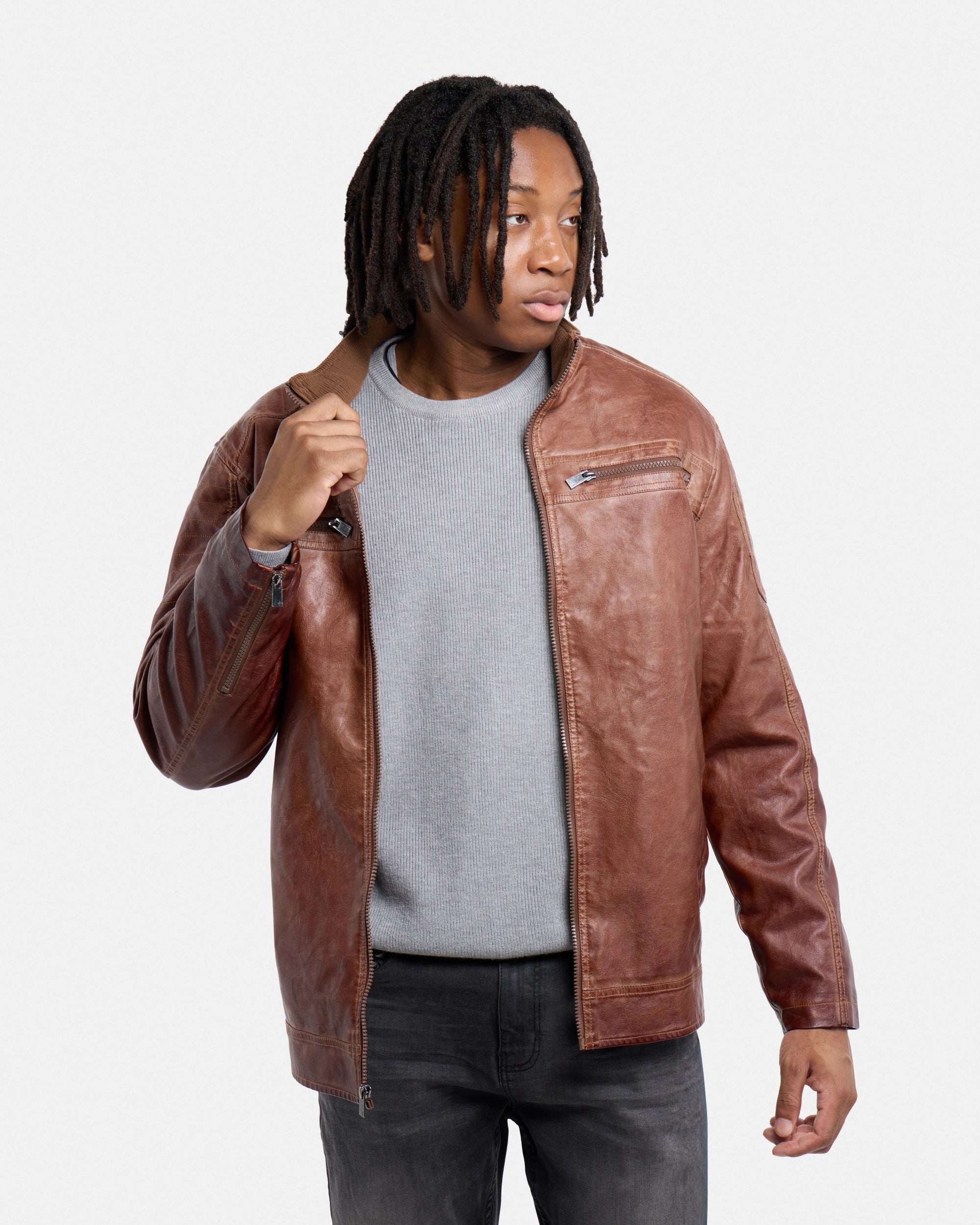 #SMJK5100471 Washed Tobacco Faux Leather Bomber Jacket-thumbmail-4