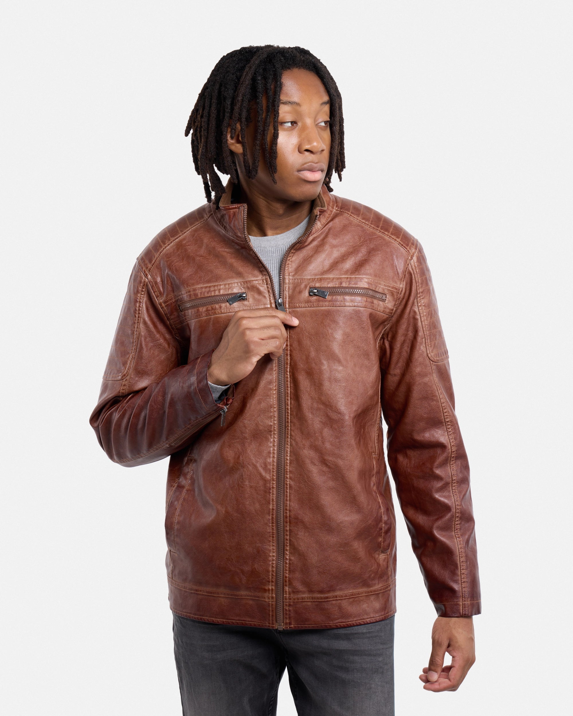 #SMJK5100471 Washed Tobacco Faux Leather Bomber Jacket-thumbmail-5