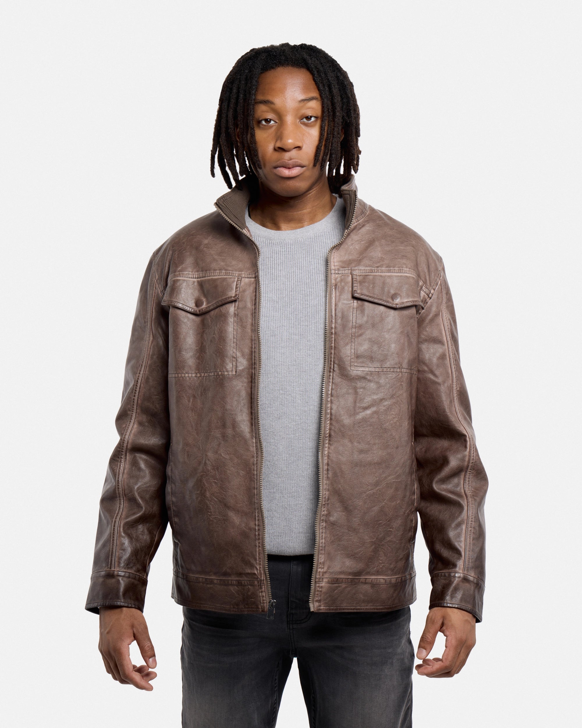 #SMJK5100472 Washed Brown Faux Leather Jacket