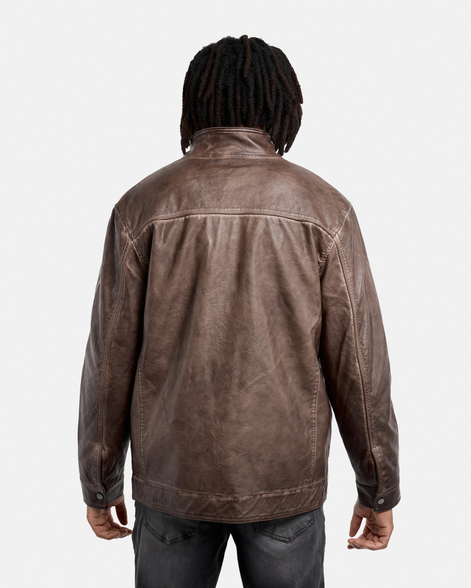 #SMJK5100472 Washed Brown Faux Leather Jacket